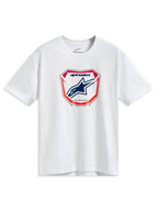 Alpinestars Plate CSF Tee, T-shirt met korte mouwen, wit, centrale MX-plaatgrafiek met blauw Astars-logo en rode en oranje accenten, casual motorsport streetwear