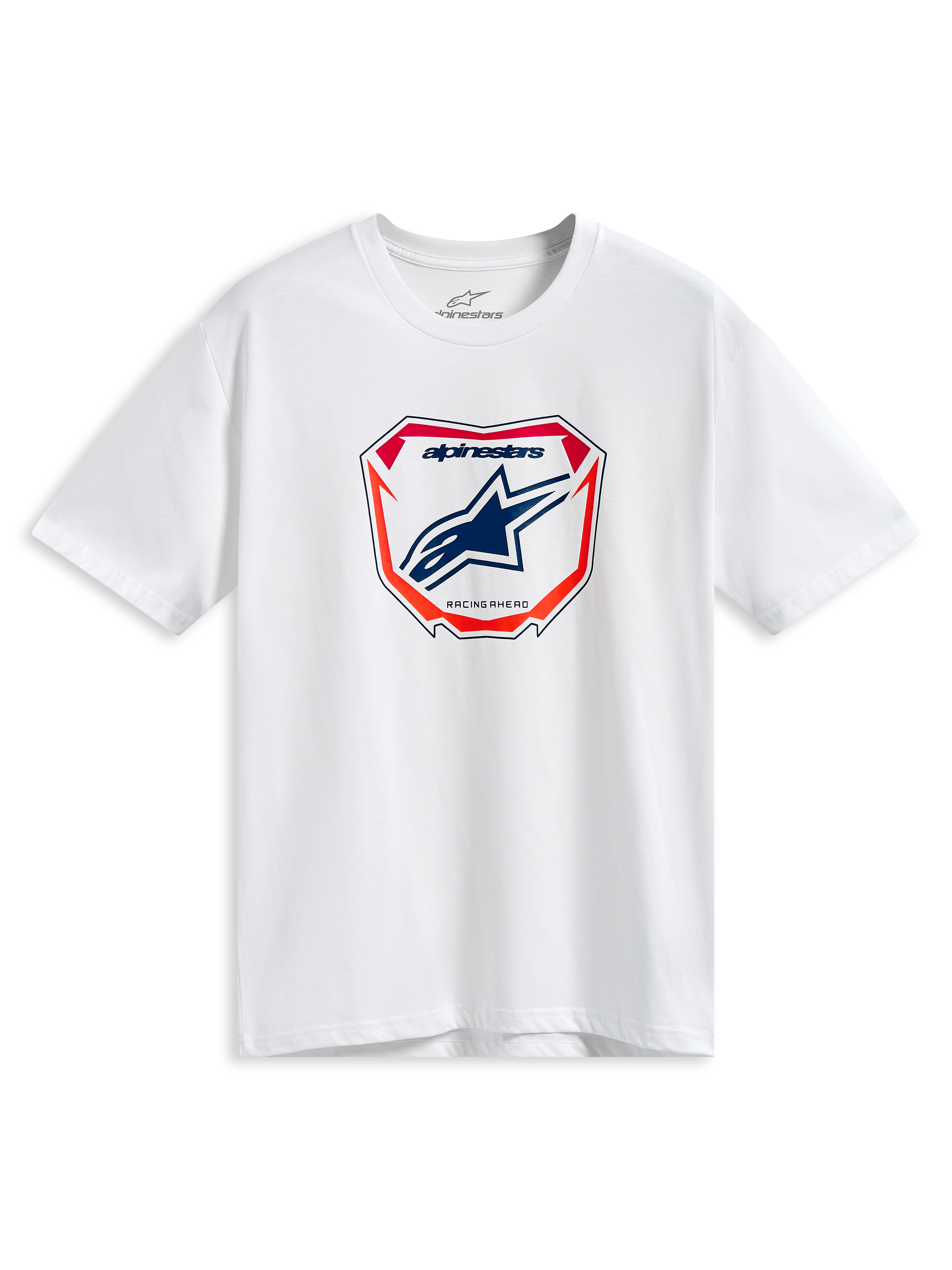 Alpinestars Plate CSF Tee, T-shirt met korte mouwen, wit, centrale MX-plaatgrafiek met blauw Astars-logo en rode en oranje accenten, casual motorsport streetwear