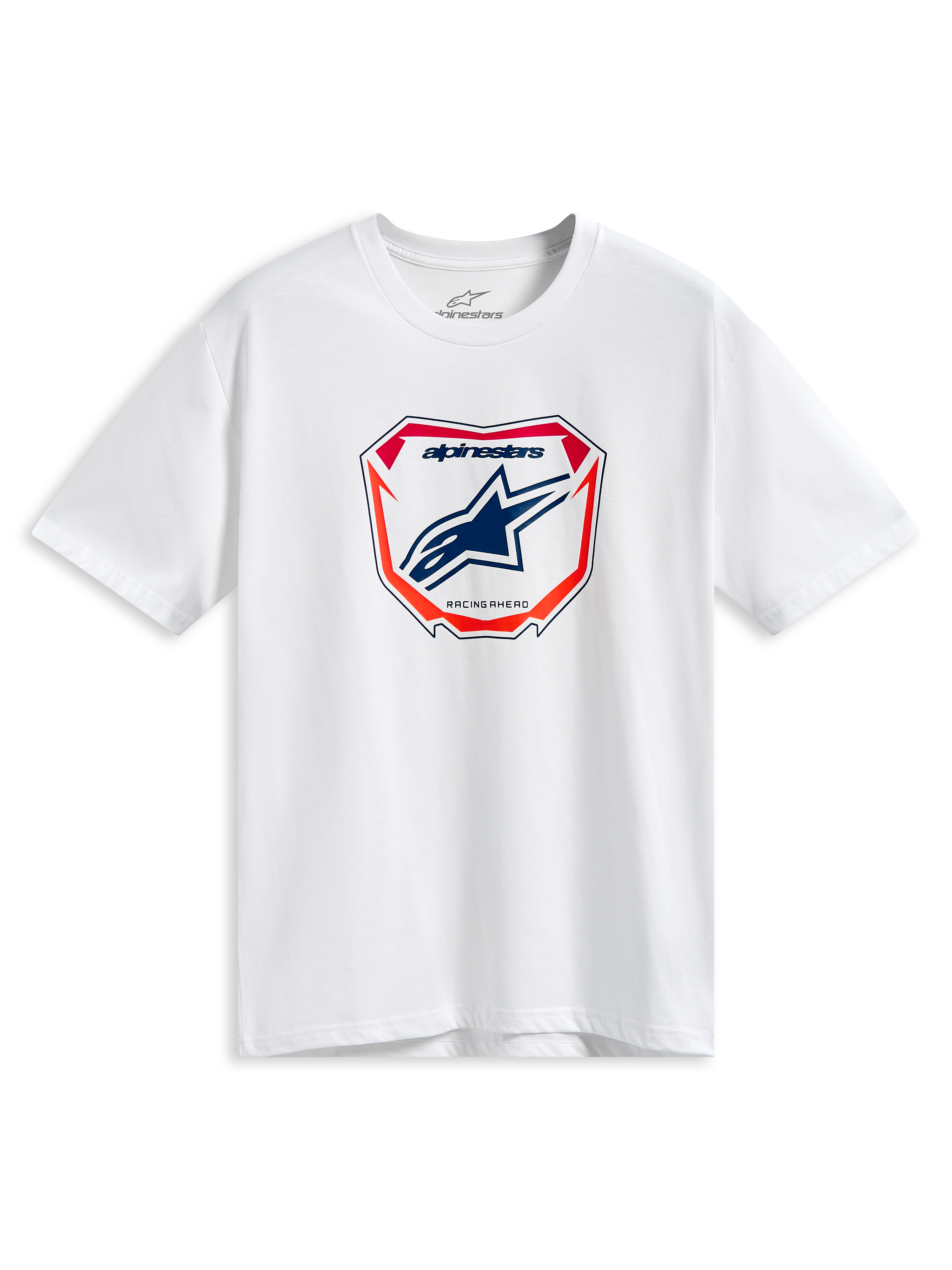 Alpinestars Plate CSF Tee, T-shirt met korte mouwen, wit, centrale MX-plaatgrafiek met blauw Astars-logo en rode en oranje accenten, casual motorsport streetwear