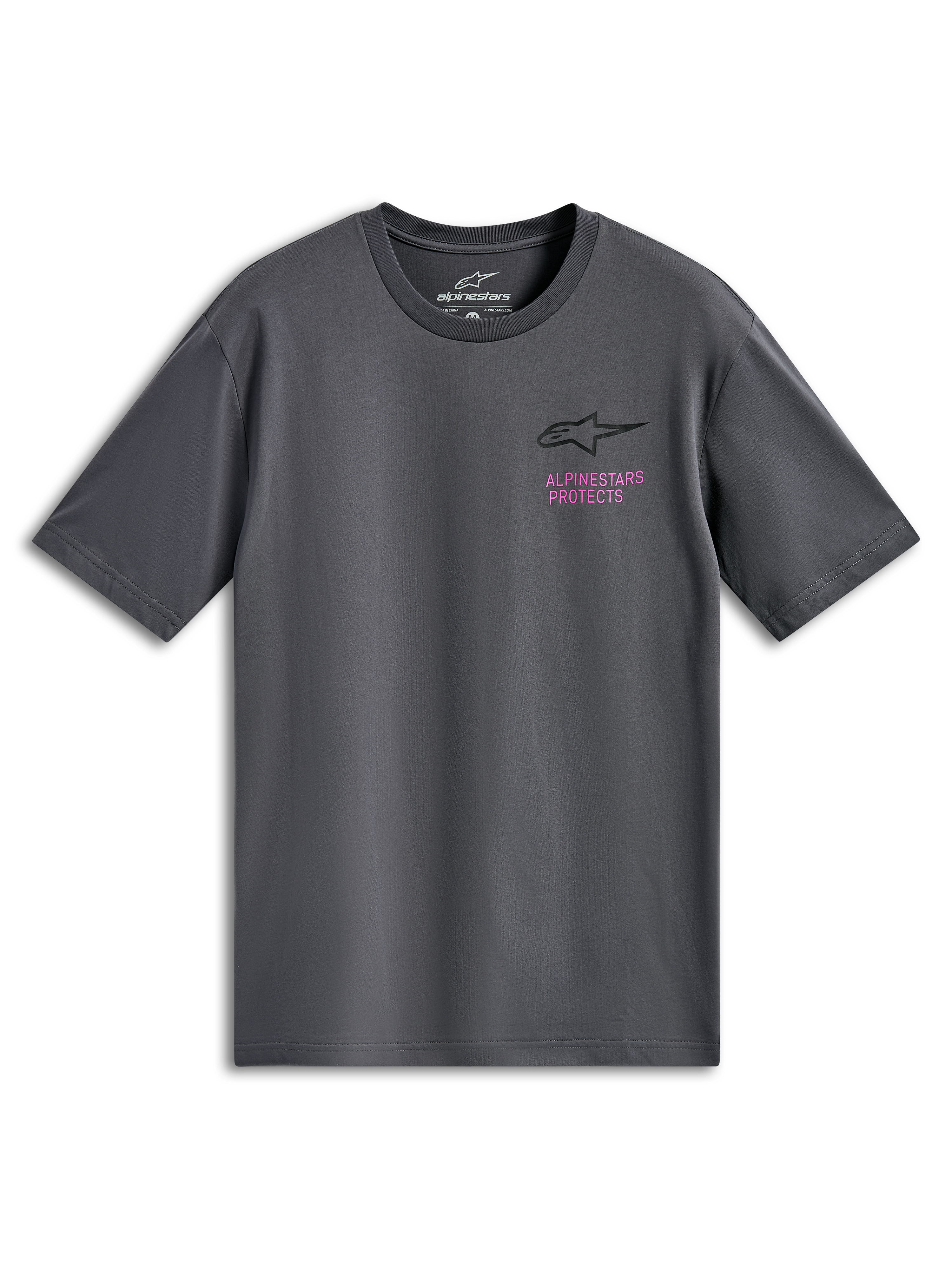T-shirt Alpinestars Pop Helmet CSF, t-shirt à manches courtes, gris anthracite, logo Astars noir avec texte 'Alpinestars Protects' rose sur la poitrine, streetwear décontracté motorsport