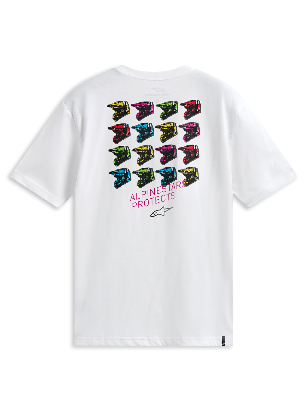 Alpinestars Pop Helmet CSF Tee, T-shirt met korte mouwen, wit, achteraanzicht met een raster van veelkleurige M10-helmen en de tekst 'ALPINESTARS PROTECTS', casual streetwear geïnspireerd op de motorsport