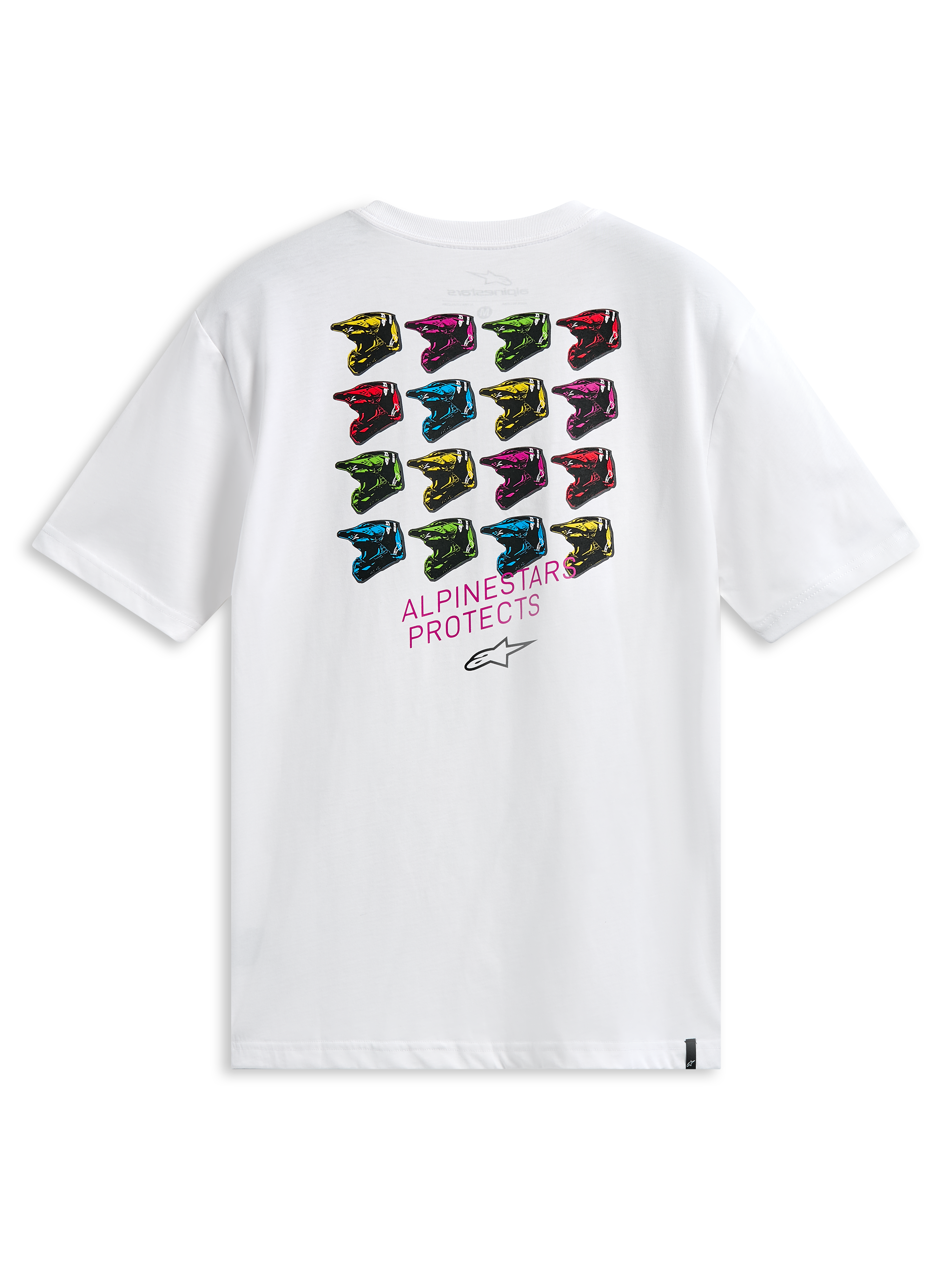 Alpinestars Pop Helmet CSF Tee, T-shirt met korte mouwen, wit, achteraanzicht met een raster van veelkleurige M10-helmen en de tekst 'ALPINESTARS PROTECTS', casual streetwear geïnspireerd op de motorsport