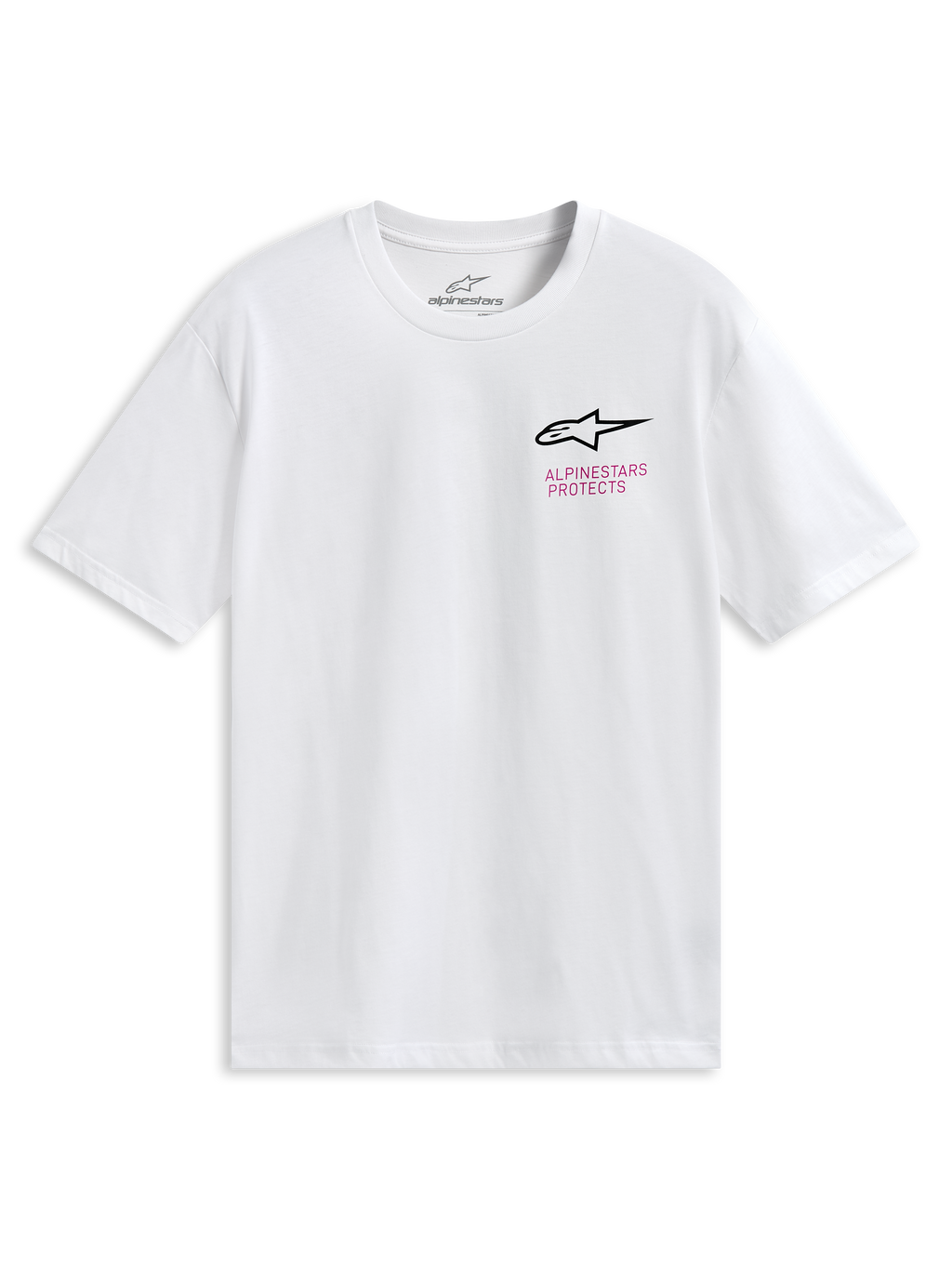 Alpinestars Pop Helmet CSF Tee, T-shirt met korte mouwen, wit, met Astars-logo op de borst en kleurrijke M10 Helmet-graphic op de achterzijde, casual motorsport sportswear