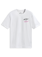 Alpinestars Pop Helmet CSF Tee, T-shirt met korte mouwen, wit, met Astars-logo op de borst en kleurrijke M10 Helmet-graphic op de achterzijde, casual motorsport sportswear