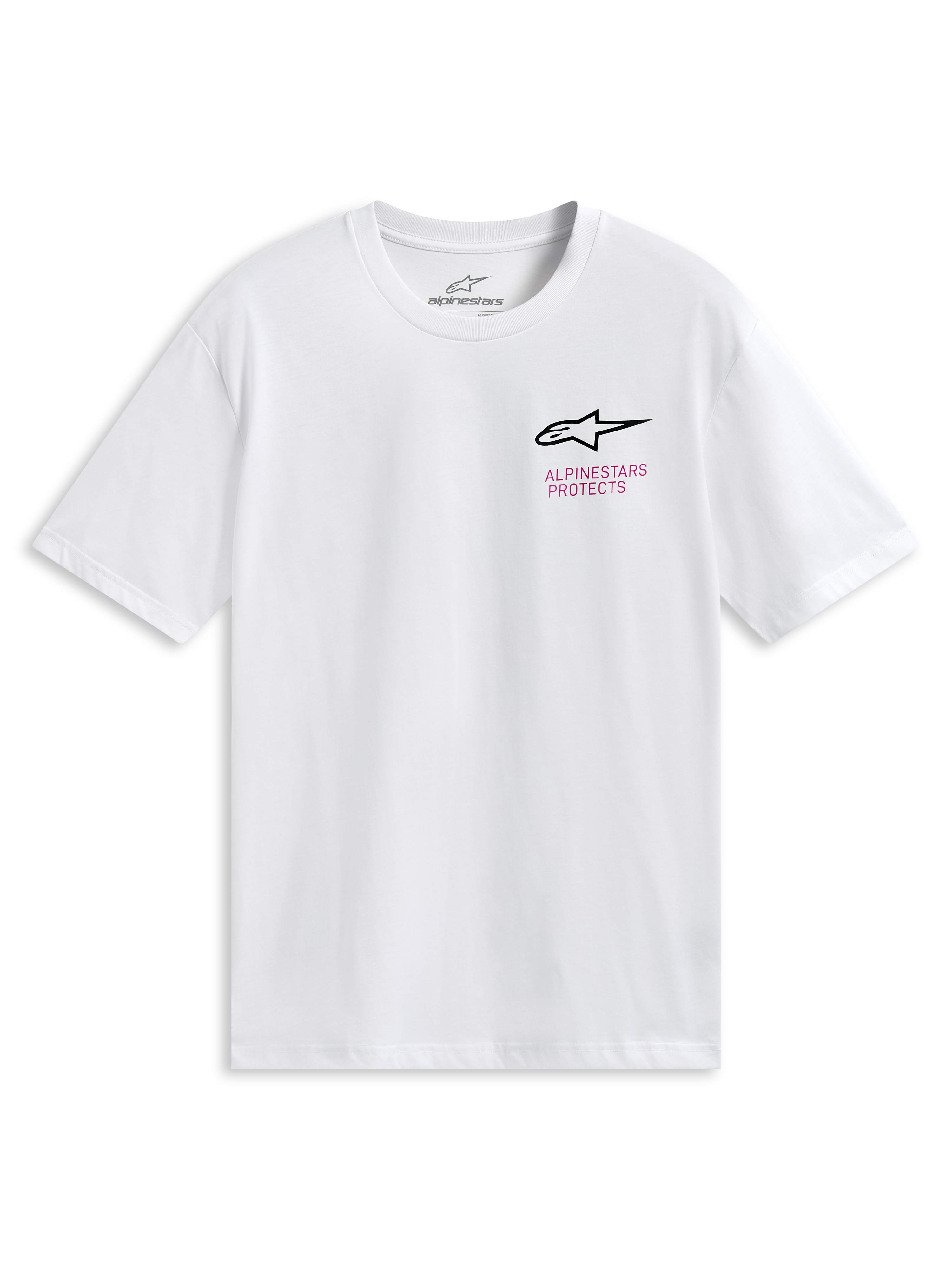Alpinestars Pop Helmet CSF Tee, T-shirt met korte mouwen, wit, met Astars-logo op de borst en kleurrijke M10 Helmet-graphic op de achterzijde, casual motorsport sportswear