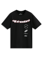 Alpinestars Abus CSF Tee, T-shirt met korte mouwen, zwart, gebogen wit Alpinestars-logo met rode omtrek, meervoudig gestapelde graphics inclusief Racing Ahead en 1963, casual motorsport streetwear