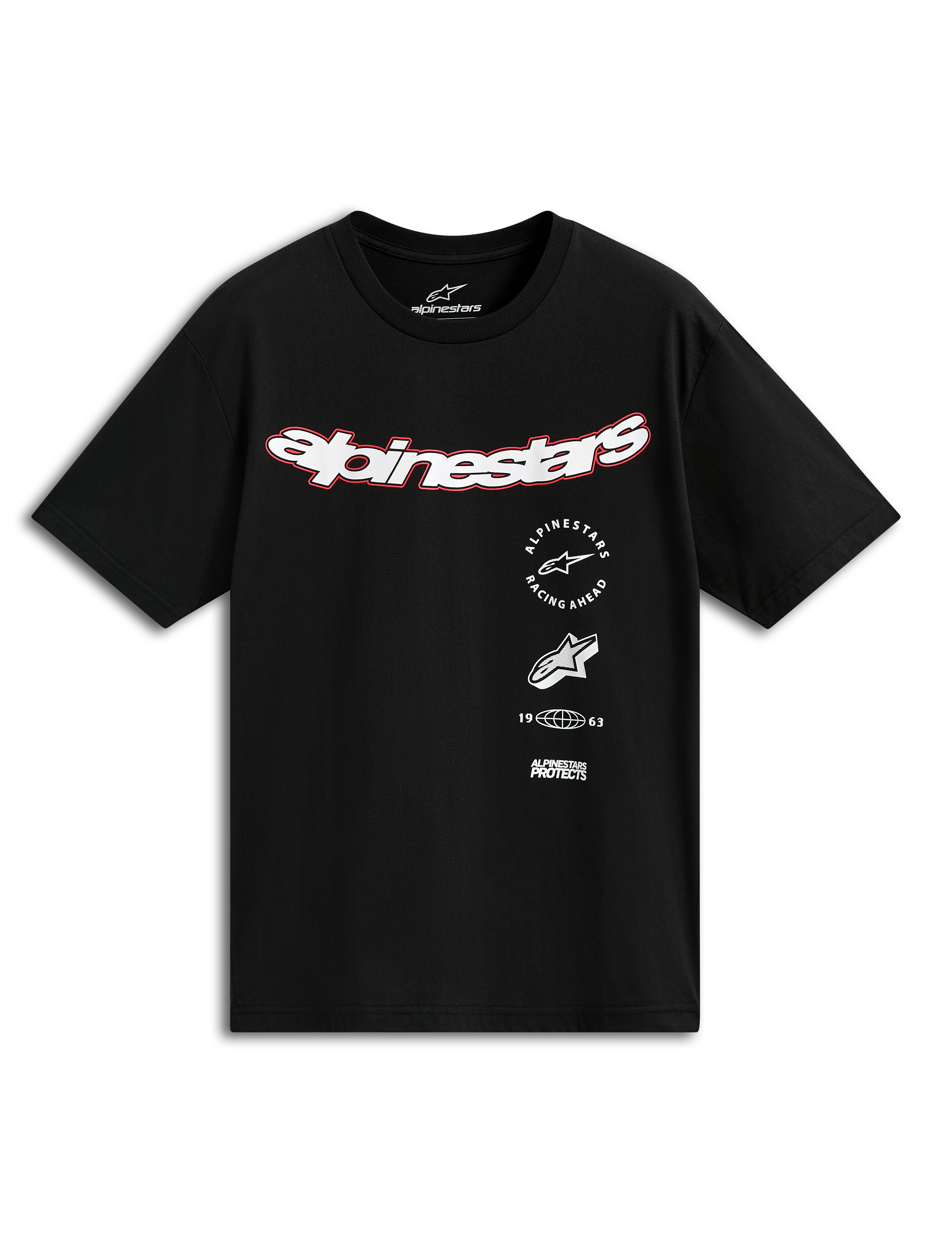 Alpinestars Abus CSF Tee, T-shirt met korte mouwen, zwart, gebogen wit Alpinestars-logo met rode omtrek, meervoudig gestapelde graphics inclusief Racing Ahead en 1963, casual motorsport streetwear