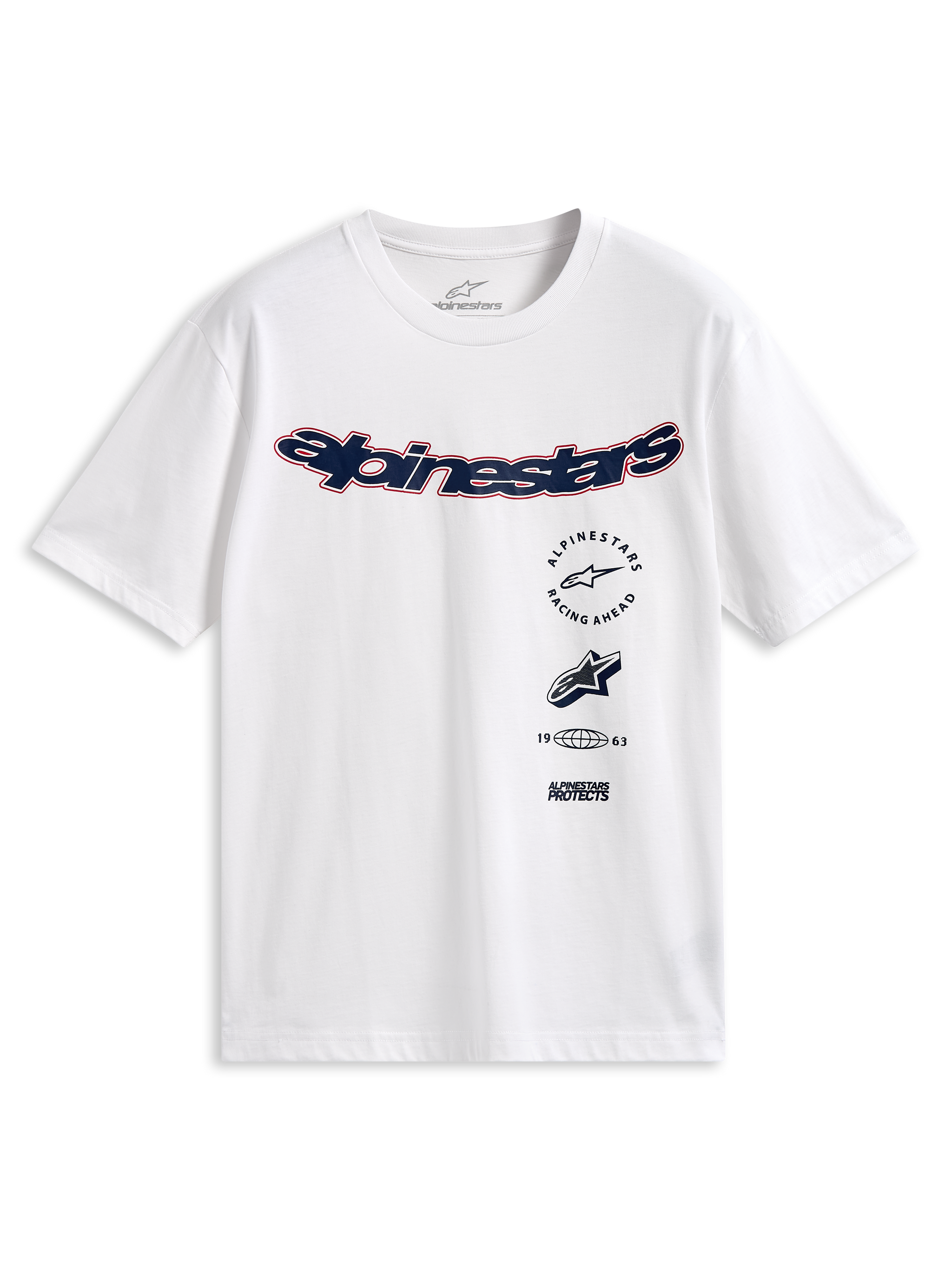 Alpinestars Abus CSF Tee, t-shirt à manches courtes, blanc, logo Alpinestars incurvé bleu marine avec contour rouge, graphismes multiples empilés sur le devant, streetwear décontracté inspiré du sport automobile
