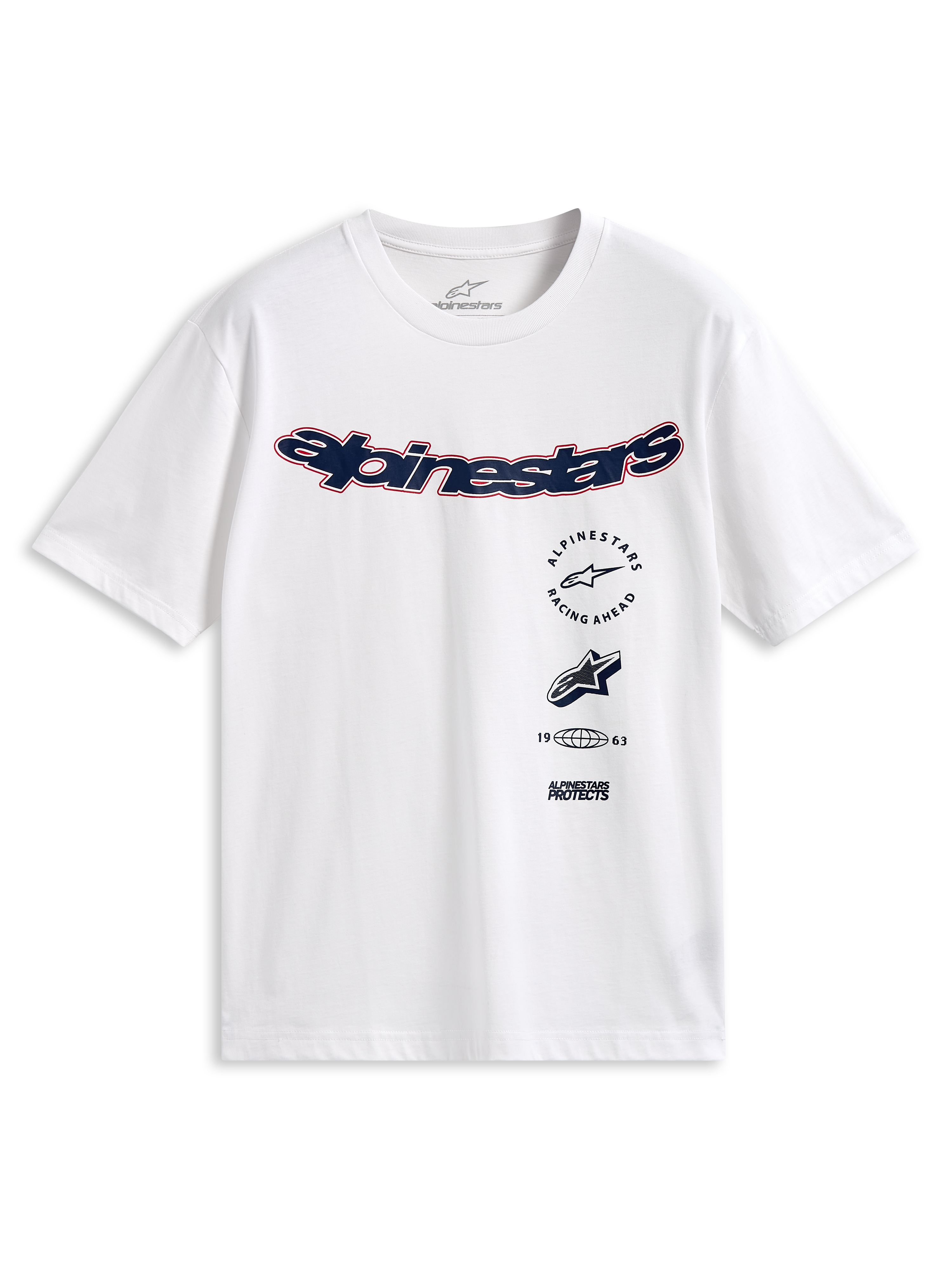 Alpinestars Abus CSF Tee, T-shirt met korte mouwen, wit, gebogen navyblauw Alpinestars-logo met rode omlijning, meerdere gestapelde graphics op de voorkant, casual motorsport streetwear