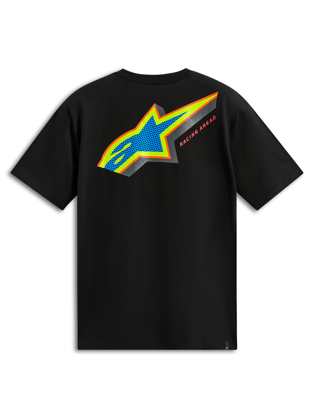 Alpinestars Angler CSF Tee, T-shirt met korte mouwen, zwart, achteraanzicht met meerkleurig Astars-logo, blauwe geperforeerde vulling en 'Racing Ahead'-tekst, casual motorsport streetwear