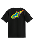 Alpinestars Angler CSF Tee, T-shirt met korte mouwen, zwart, achteraanzicht met meerkleurig Astars-logo, blauwe geperforeerde vulling en 'Racing Ahead'-tekst, casual motorsport streetwear