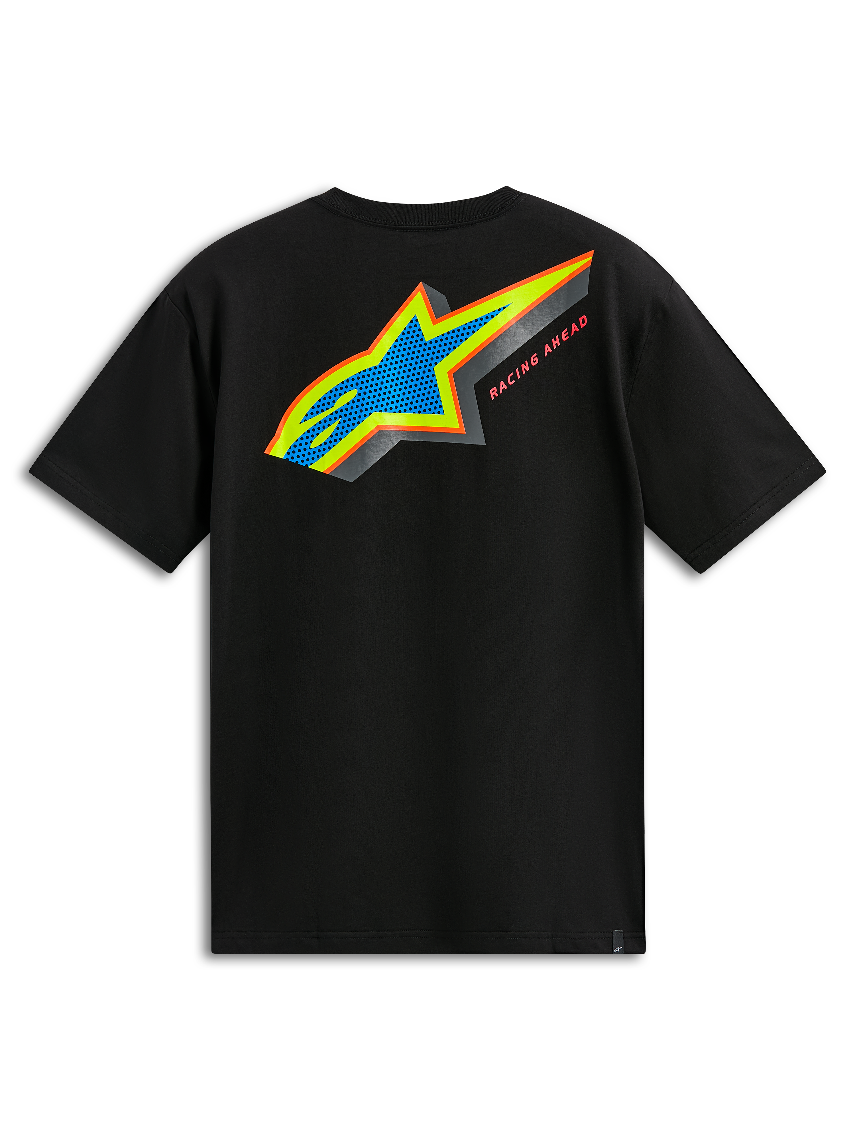 Alpinestars Angler CSF Tee, T-shirt met korte mouwen, zwart, achteraanzicht met meerkleurig Astars-logo, blauwe geperforeerde vulling en 'Racing Ahead'-tekst, casual motorsport streetwear