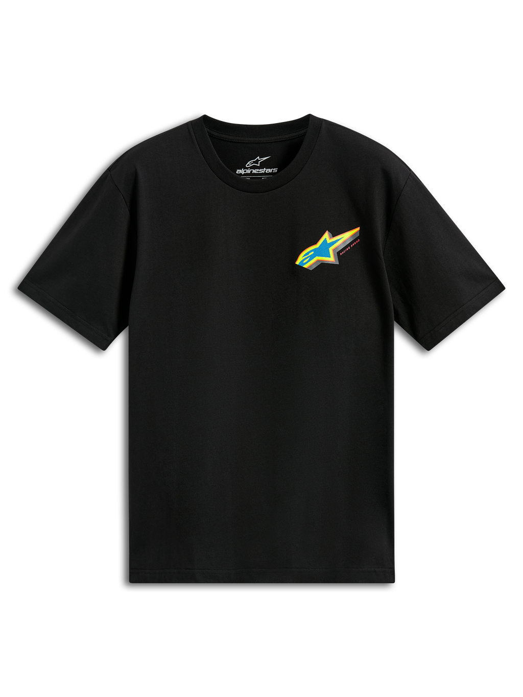 Alpinestars Angler CSF Tee, T-shirt met korte mouwen, zwart, levendig meerkleurig Astars-logo met blauwe ster en gele rand op de borst, casual motorsport streetwear