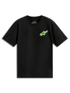 Alpinestars Angler CSF Tee, T-shirt met korte mouwen, zwart, levendig meerkleurig Astars-logo met blauwe ster en gele rand op de borst, casual motorsport streetwear