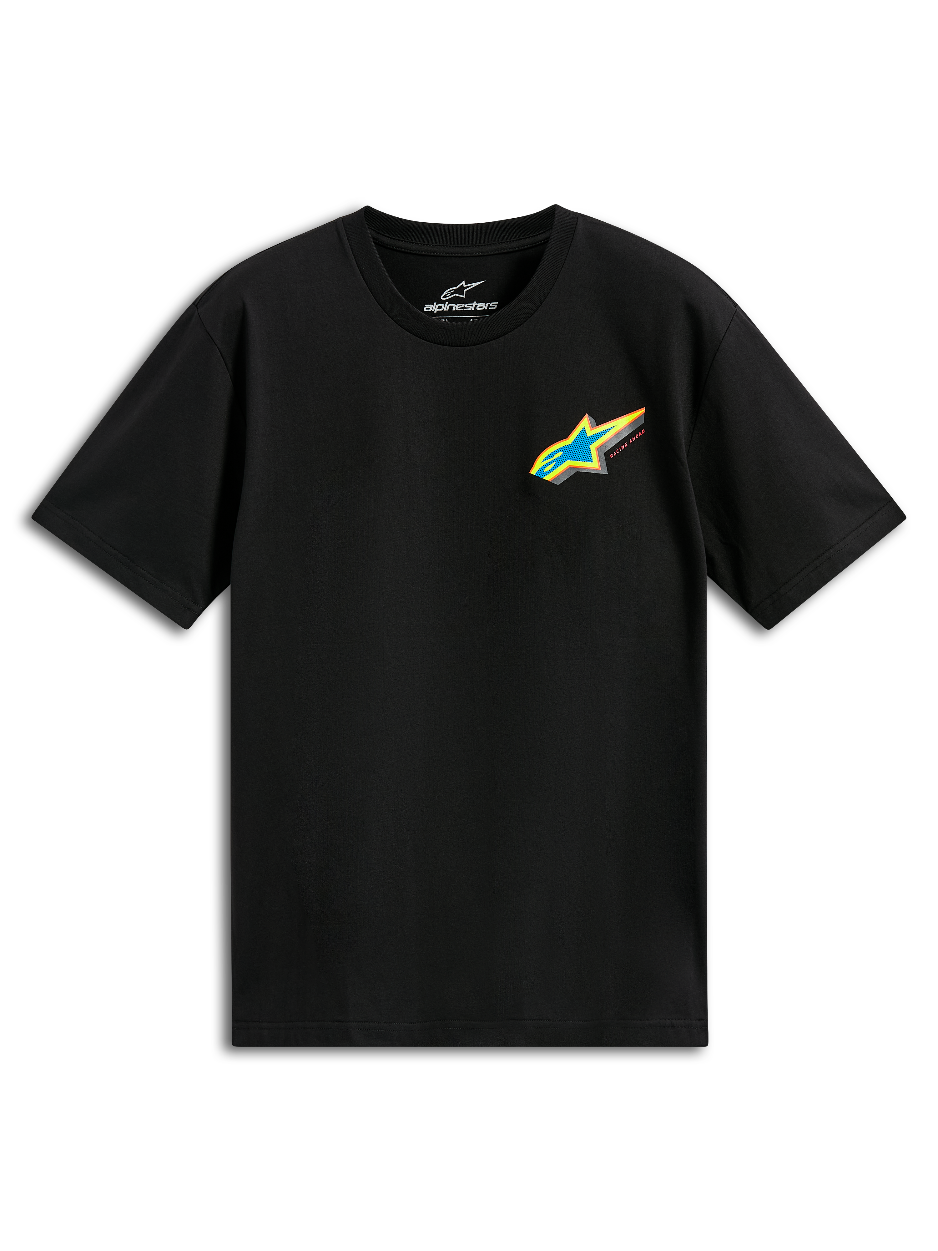Alpinestars Angler CSF Tee, T-shirt met korte mouwen, zwart, levendig meerkleurig Astars-logo met blauwe ster en gele rand op de borst, casual motorsport streetwear