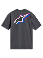 Alpinestars Angler CSF Tee, Short Sleeve T-Shirt, Charcoal Gray, Back view featuring large multi-color Astars logo with perforated fill, blue and pink accents and 'Racing Ahead' text, casual motorsport streetwear