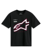 Alpinestars Authority CSF Tee, T-shirt met korte mouwen, zwart, groot wit Astars-logo met roze omtrek, voorzien van de tekst 'Alpinestars Protects' en 'Racing Ahead', casual motorsport streetwear
