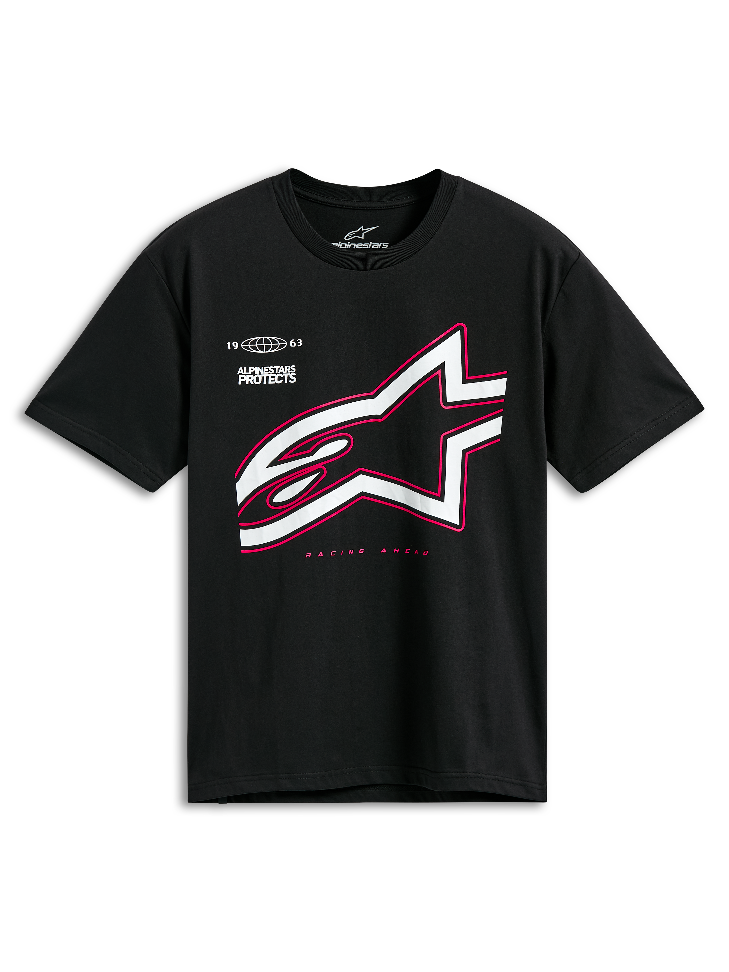 Alpinestars Authority CSF Tee, T-shirt met korte mouwen, zwart, groot wit Astars-logo met roze omtrek, voorzien van de tekst 'Alpinestars Protects' en 'Racing Ahead', casual motorsport streetwear