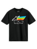 Alpinestars Trifecta CSF Tee, T-shirt met korte mouwen, zwart, voorzien van wit Astars-logo met cyaanblauwe, groene en oranje strepen, 'Racing Ahead' tekst, casual motorsport sportkleding