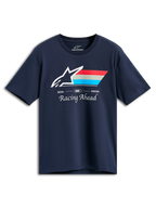 Alpinestars Trifecta CSF Tee, t-shirt met korte mouwen, navy blauw, wit Astars-logo met rode, grijze en cyaan strepen, tekst GOAL ONE VISION en Racing Ahead, casual motorsport streetwear