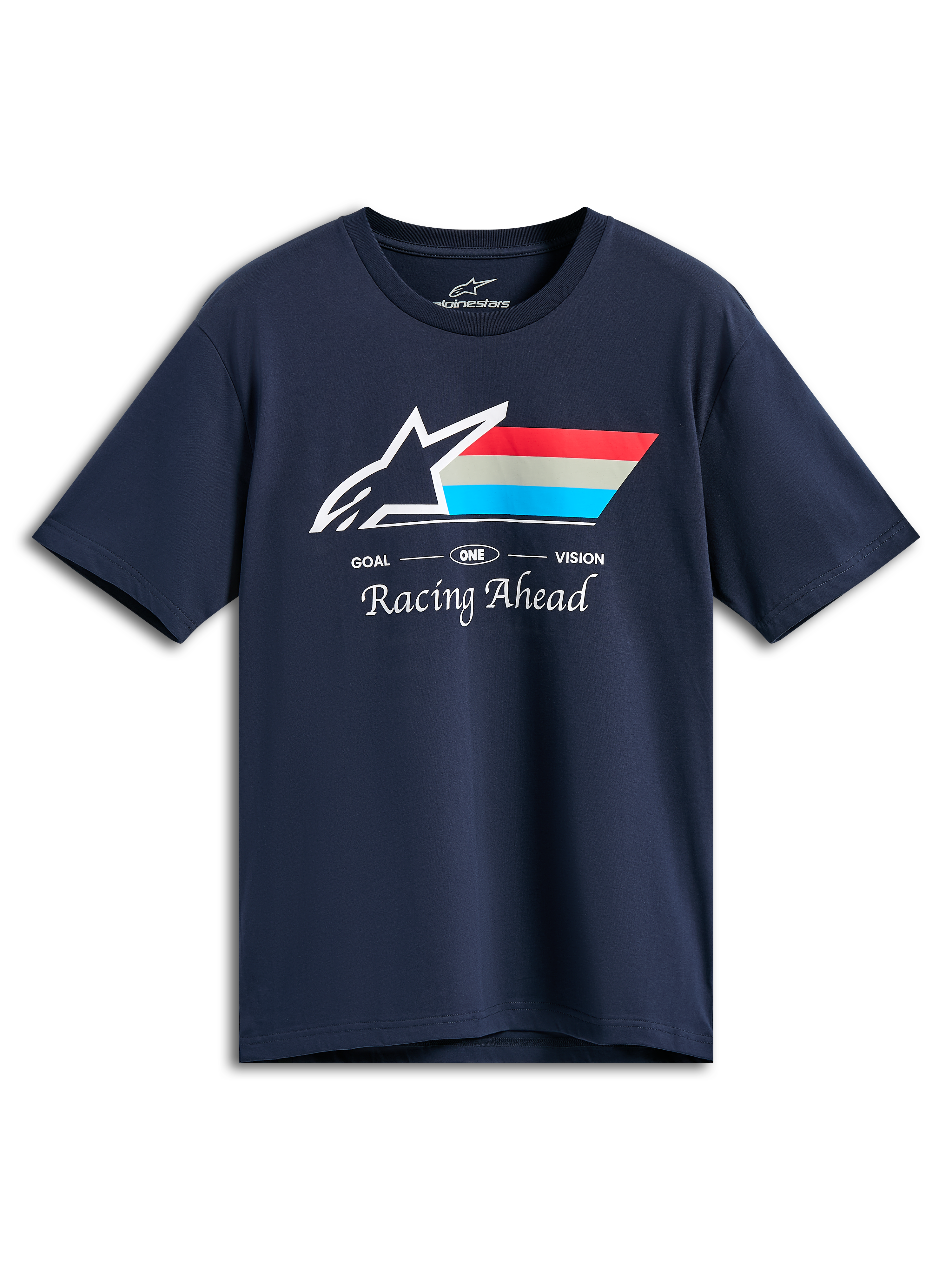 Alpinestars Trifecta CSF Tee, t-shirt met korte mouwen, navy blauw, wit Astars-logo met rode, grijze en cyaan strepen, tekst GOAL ONE VISION en Racing Ahead, casual motorsport streetwear