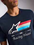 Alpinestars Trifecta CSF Tee, T-shirt met korte mouwen, navy blauw, wit Astars-logo met driekleurige strepen en Racing Ahead tekst, casual motorsport sportkleding