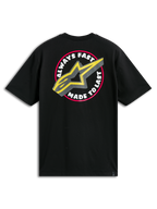 Alpinestars Aorbit CSF Tee, T-shirt met korte mouwen, zwart, grote ronde grafische print op de achterkant met 'Always Fast Made to Last' tekst en geel A-star logo, casual motorsport streetwear