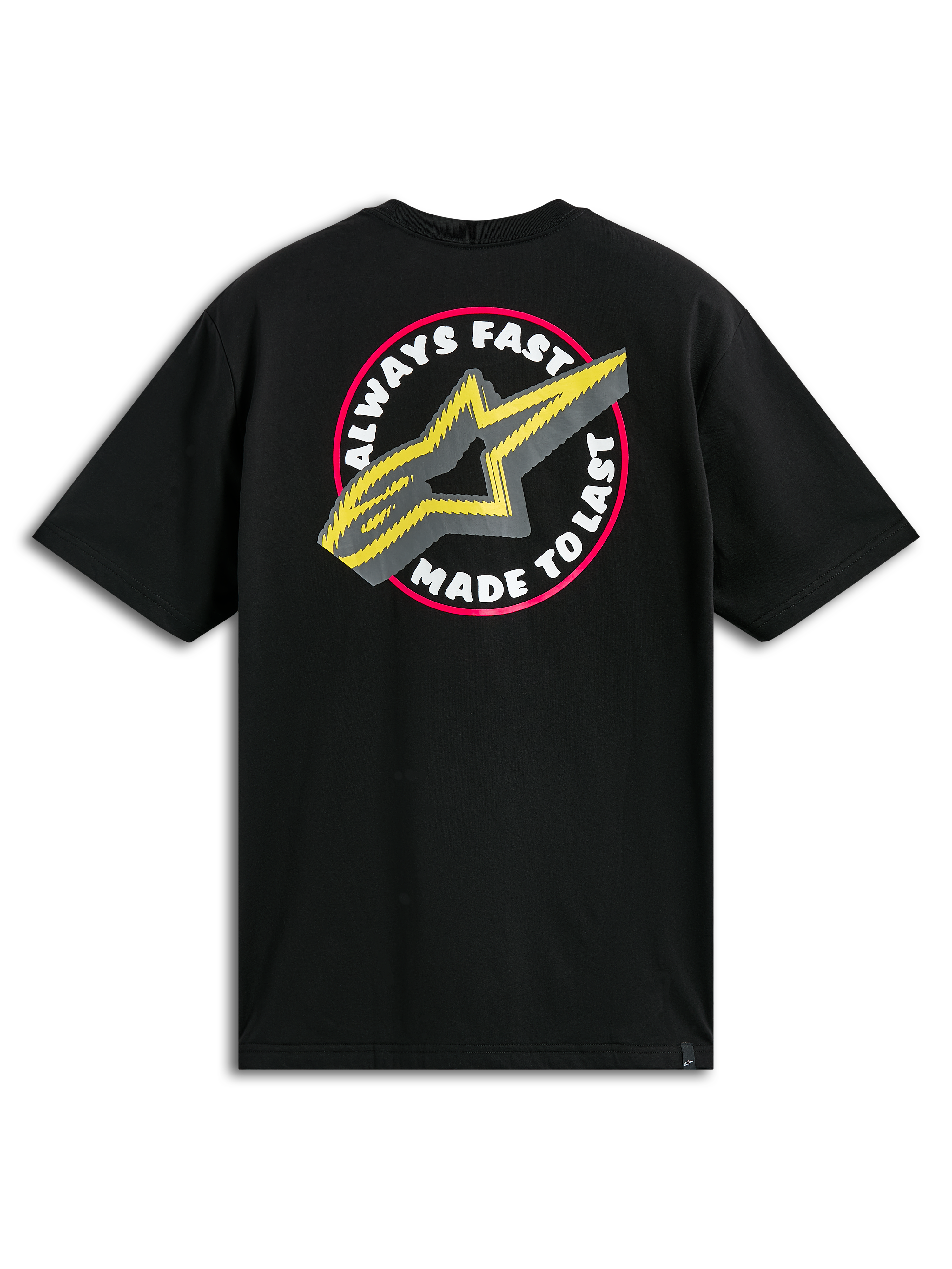 Alpinestars Aorbit CSF Tee, T-shirt met korte mouwen, zwart, grote ronde grafische print op de achterkant met 'Always Fast Made to Last' tekst en geel A-star logo, casual motorsport streetwear