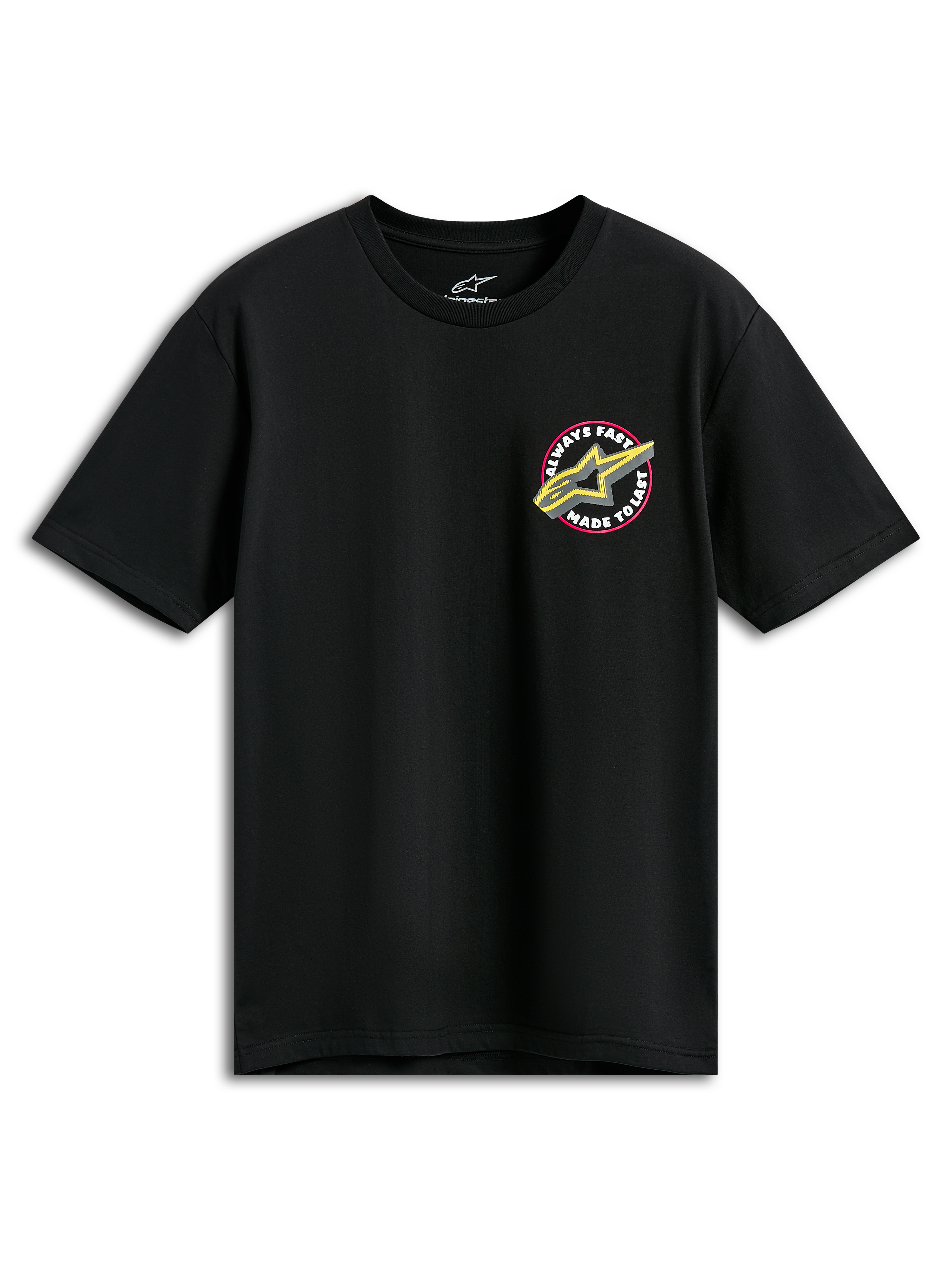 Alpinestars Aorbit CSF Tee, T-shirt met korte mouwen, zwart, roze en geel Astars-logo met Always Fast Made to Last-opdruk, casual motorsport sportkleding