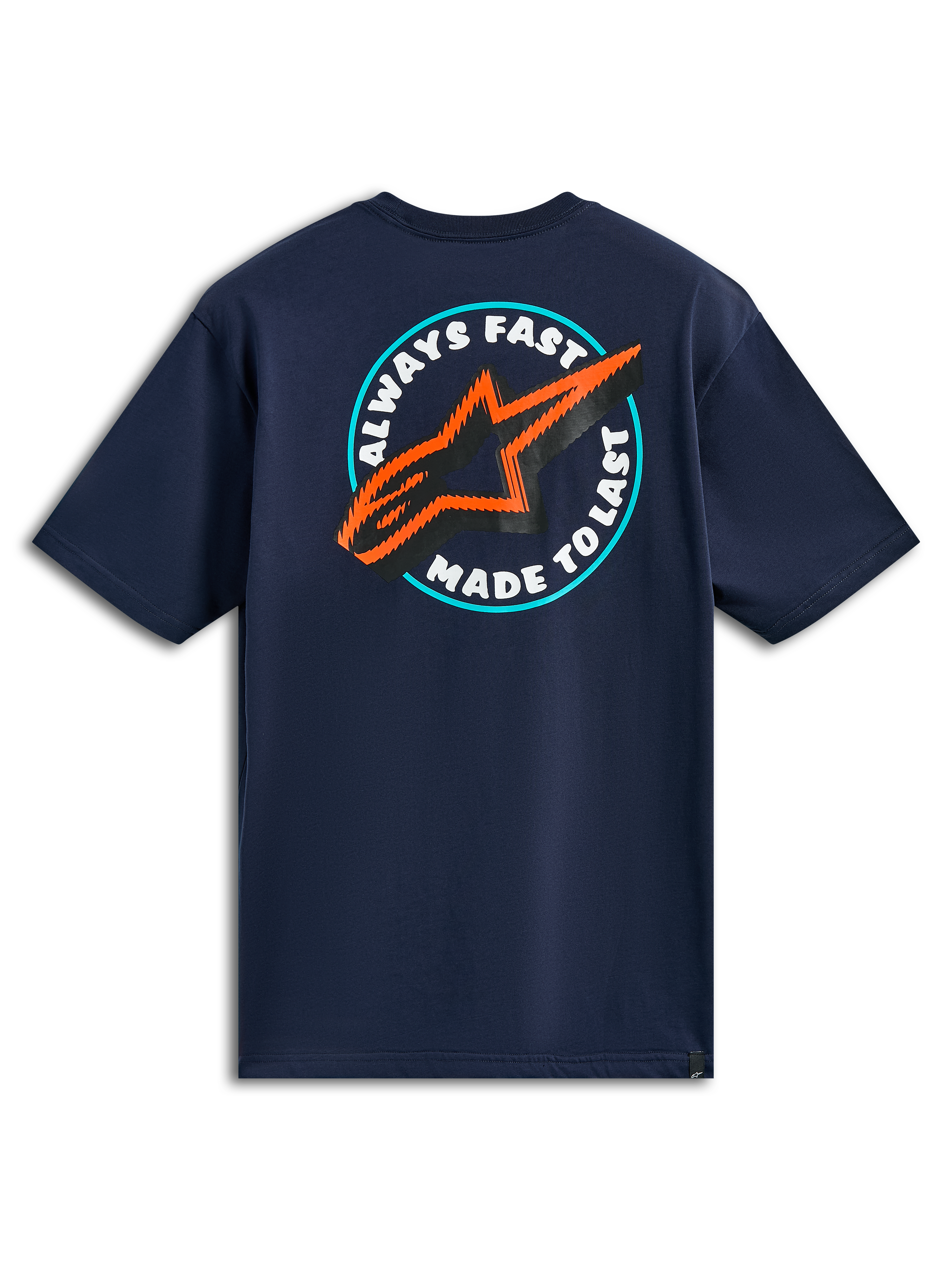 Alpinestars Aorbit CSF Tee, T-shirt met korte mouwen, marineblauw, achteraanzicht met cirkelvormige Always Fast Made to Last-graphic met oranje en zwart sterlogo, casual motorsport streetwear