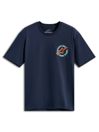 Alpinestars Aorbit CSF Tee, T-shirt met korte mouwen, donkerblauw, ronde grafische print op de borst met oranje Astars-logo en 'Always Fast Made to Last' tekst, casual motorsportkleding