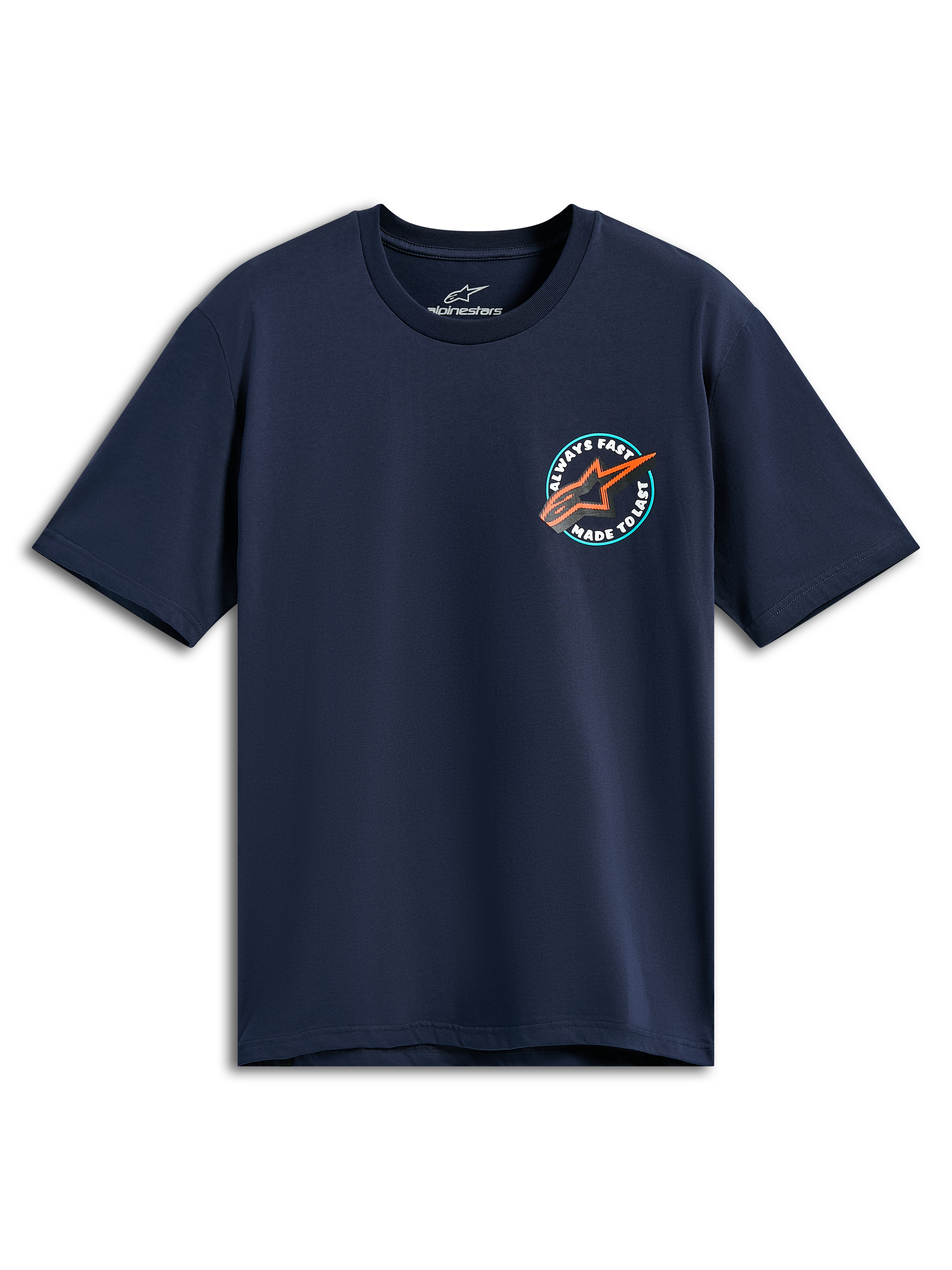 Alpinestars Aorbit CSF Tee, T-shirt met korte mouwen, donkerblauw, ronde grafische print op de borst met oranje Astars-logo en 'Always Fast Made to Last' tekst, casual motorsportkleding