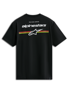 Alpinestars Lanes CSF Tee, t-shirt met korte mouwen, zwart, witte Alpinestars en Astars logo's met oranje en gele horizontale strepen op de achterkant, casual motorsport streetwear