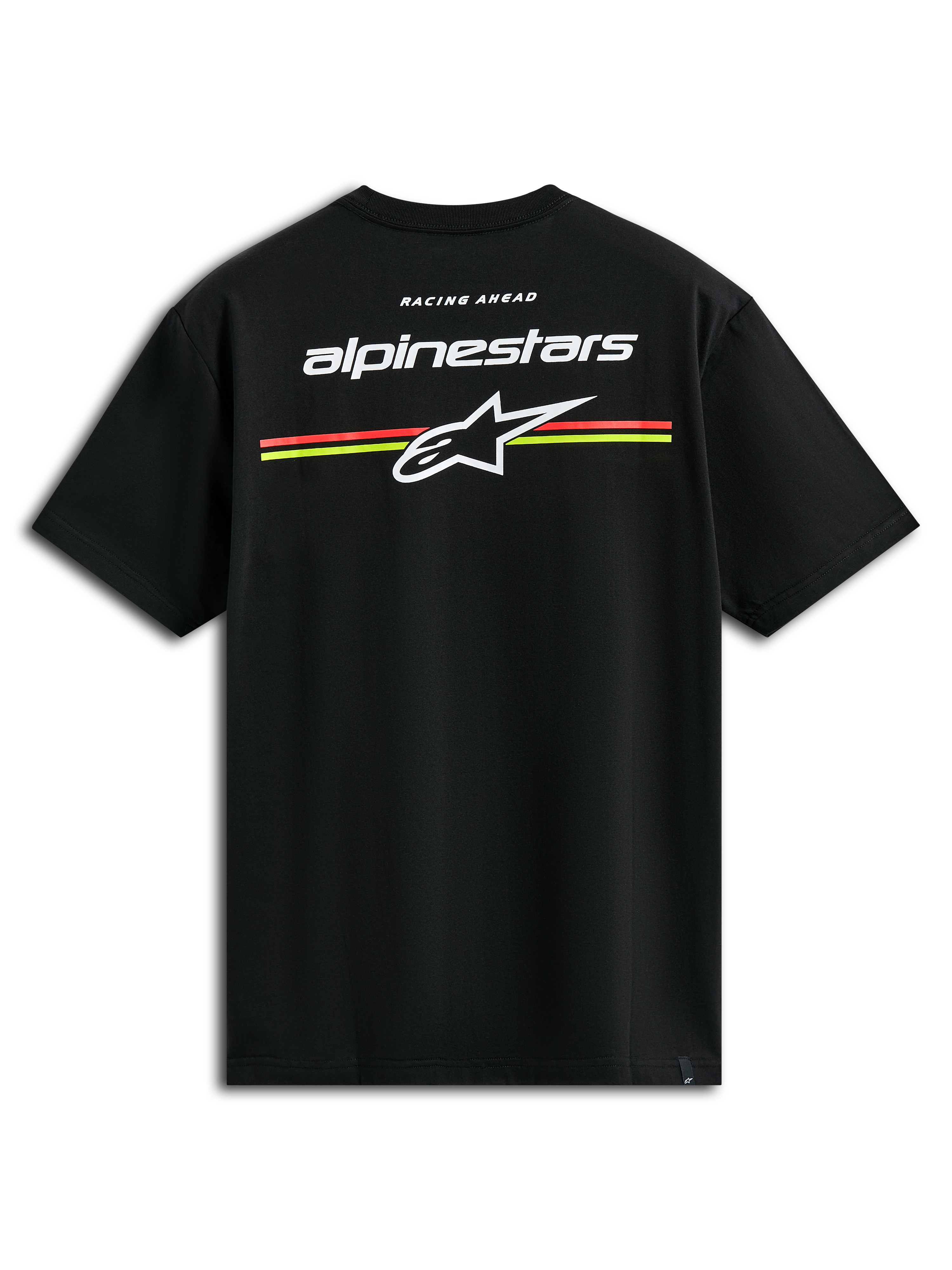 Alpinestars Lanes CSF Tee, t-shirt met korte mouwen, zwart, witte Alpinestars en Astars logo's met oranje en gele horizontale strepen op de achterkant, casual motorsport streetwear