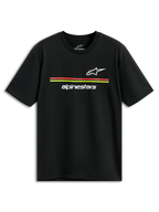 Alpinestars Lanes CSF Tee, T-shirt met korte mouwen, zwart, witte Astars- en Alpinestars-logo's met rode en gele strepen, casual motorsport streetwear