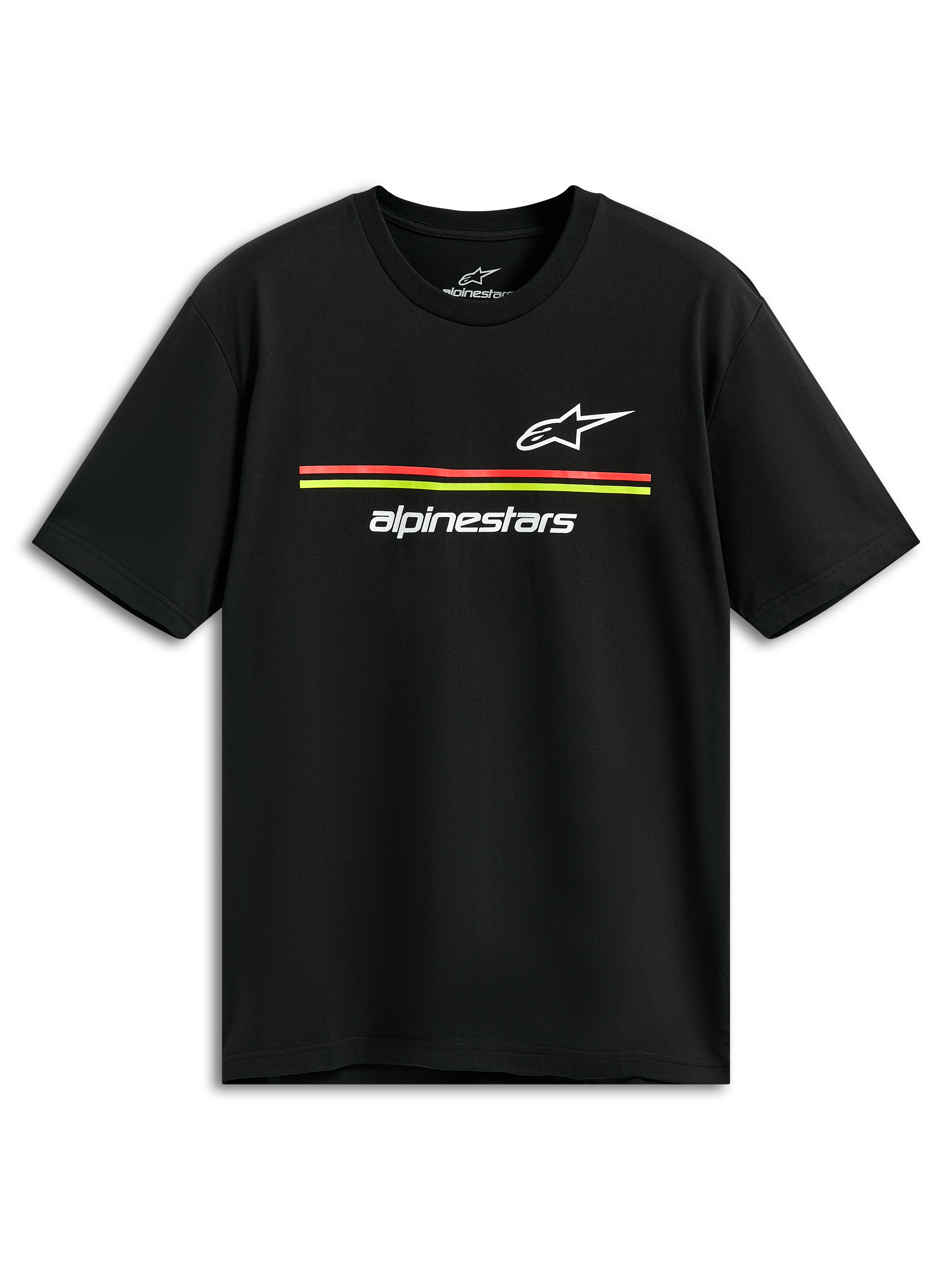 Alpinestars Lanes CSF Tee, T-shirt met korte mouwen, zwart, witte Astars- en Alpinestars-logo's met rode en gele strepen, casual motorsport streetwear