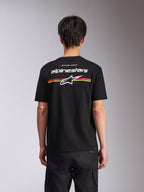 Alpinestars Lanes CSF Tee, T-shirt met korte mouwen, zwart, achteraanzicht met wit Alpinestars-logo en Astars-ster met rode en gele strepen, casual motorsport streetwear