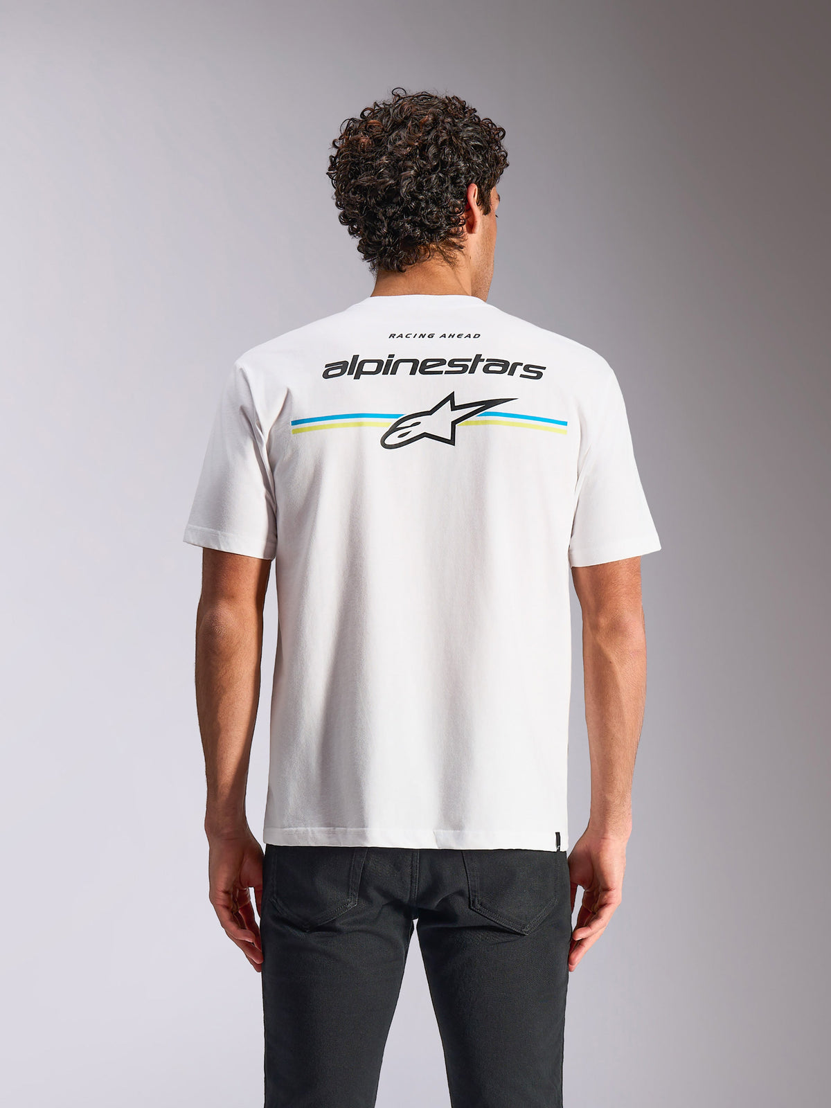 Alpinestars Lanes CSF Tee, T-shirt met korte mouwen, wit, achteraanzicht met meerkleurige strepen en Alpinestars- en Astars-logo's, casual motorsport streetwear