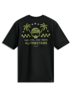 Alpinestars Order CSF Tee, t-shirt à manches courtes, noir, motif graphique vert olive et gris avec casque et palmiers, texte « One Goal One Vision », vêtement de sport automobile décontracté