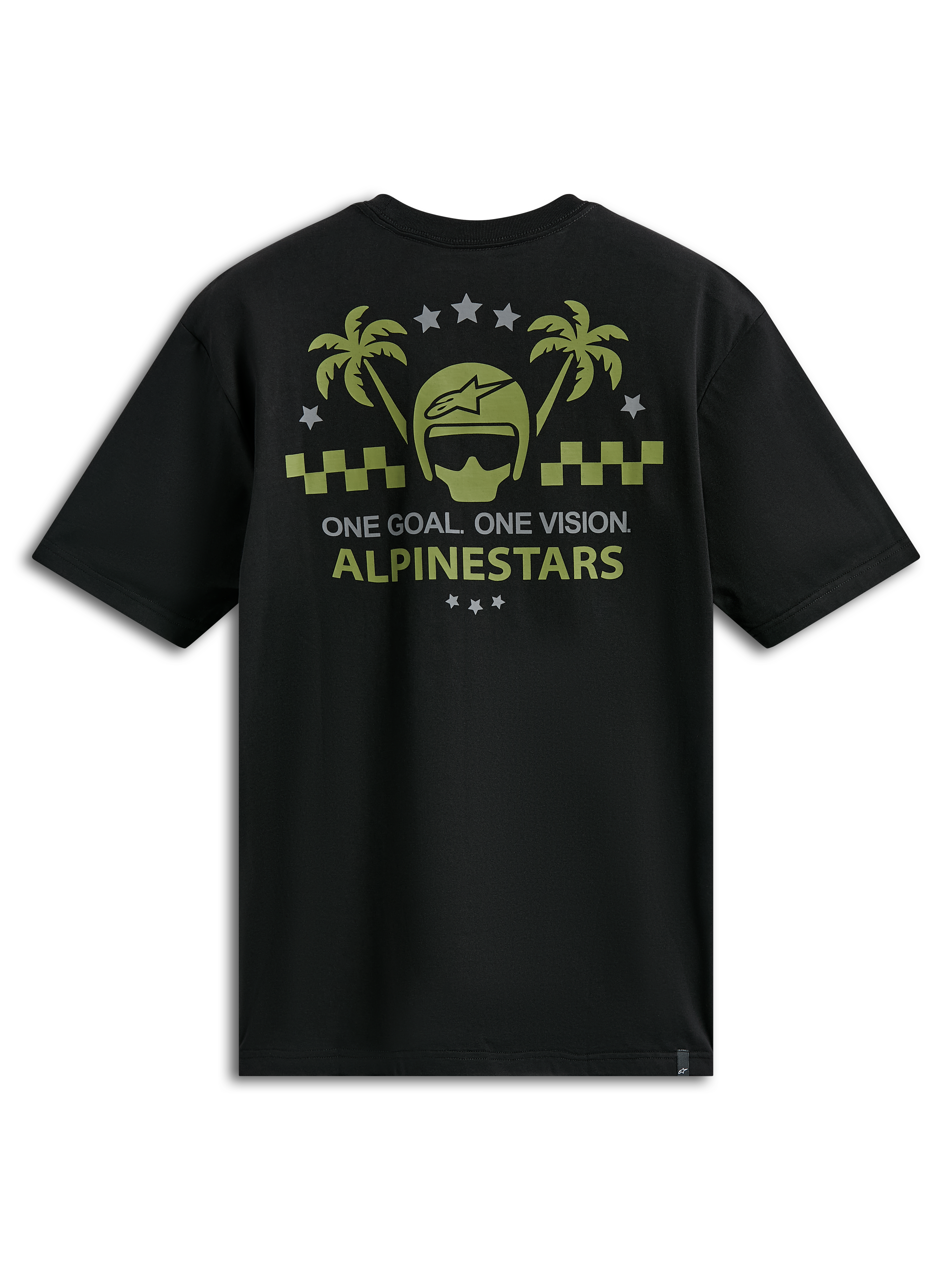 Alpinestars Order CSF Tee, t-shirt à manches courtes, noir, motif graphique vert olive et gris avec casque et palmiers, texte « One Goal One Vision », vêtement de sport automobile décontracté