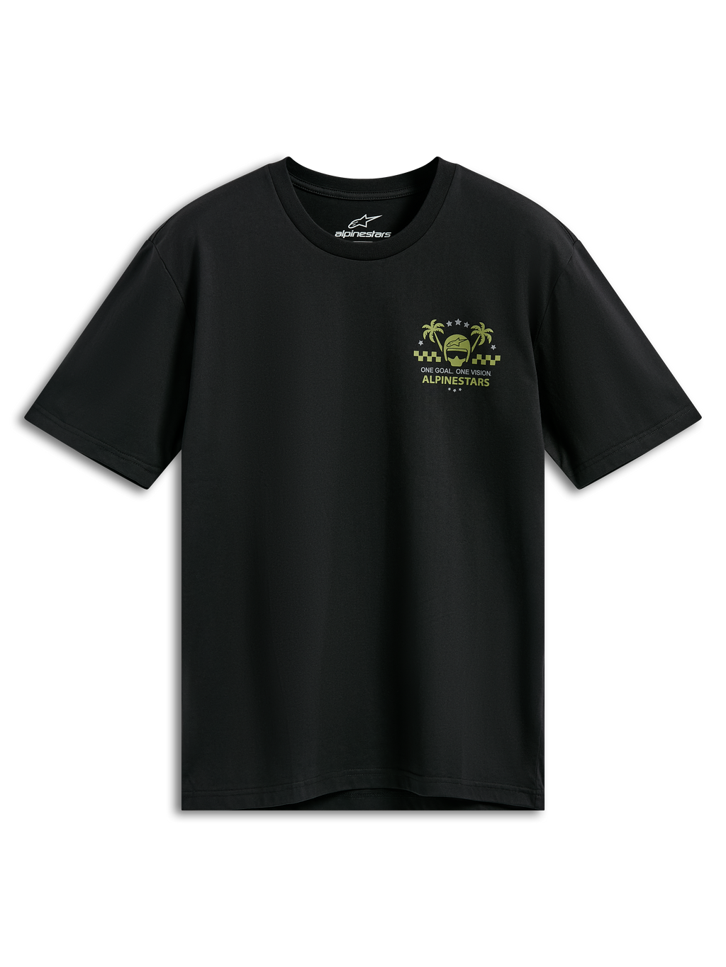 T-shirt Alpinestars Order CSF, t-shirt à manches courtes, noir, graphisme jaune et vert sur la poitrine avec casque et palmiers, texte « One Goal One Vision », streetwear décontracté inspiré des sports mécaniques