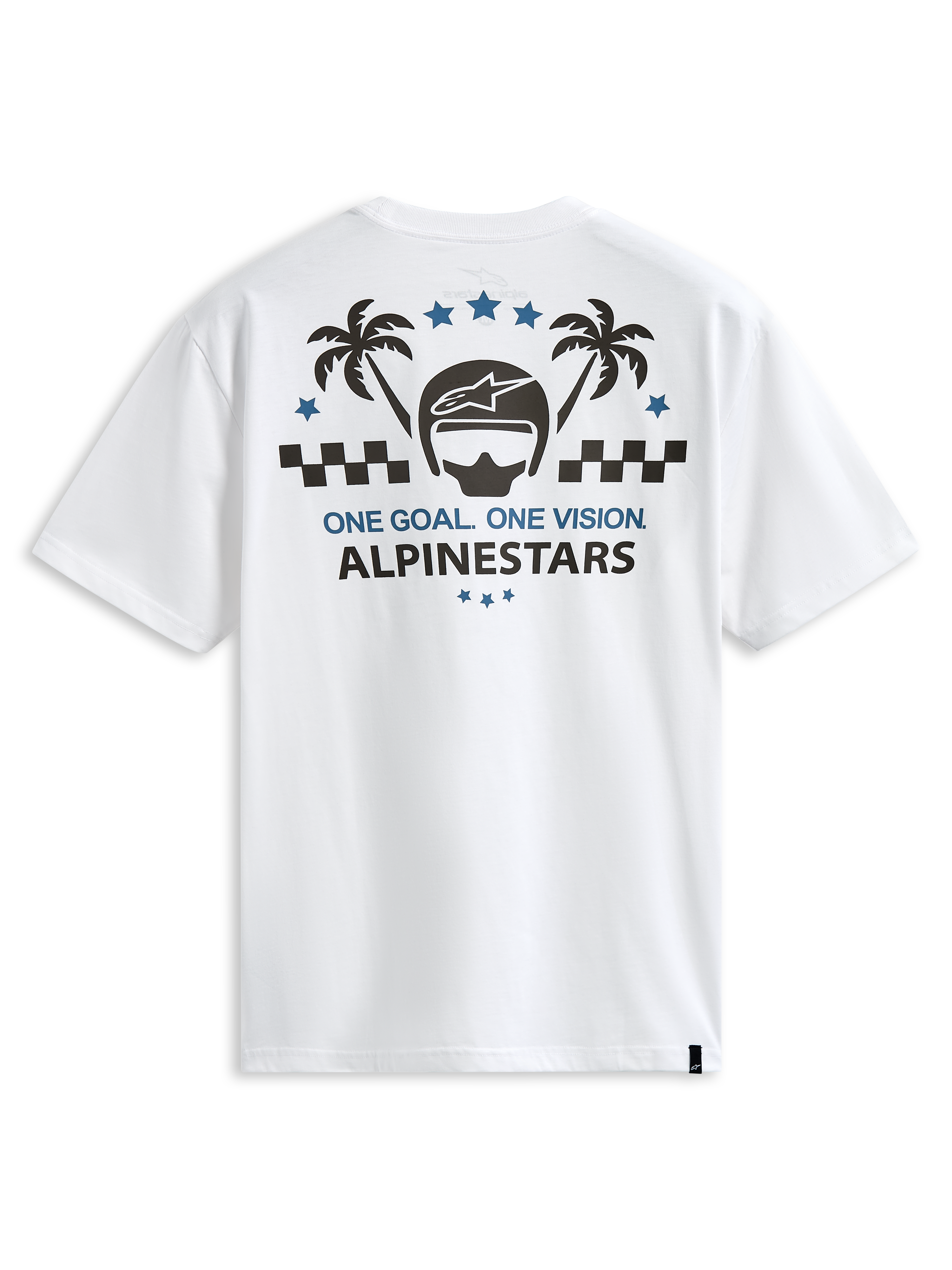 Alpinestars Order CSF Tee, T-shirt met korte mouwen, wit, grafische print op de achterkant met helm en palmbomen, One Goal One Vision tekst, casual motorsport streetwear