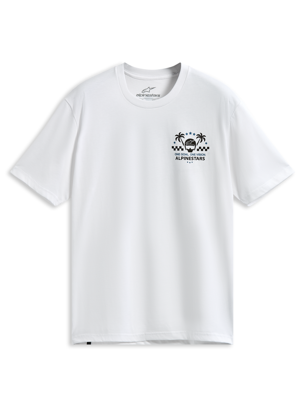 Alpinestars Order CSF Tee, wit T-shirt met korte mouwen, borstprint met palmbomen en een racehelm, tekst "One Goal One Vision", casual motorsport sportkleding