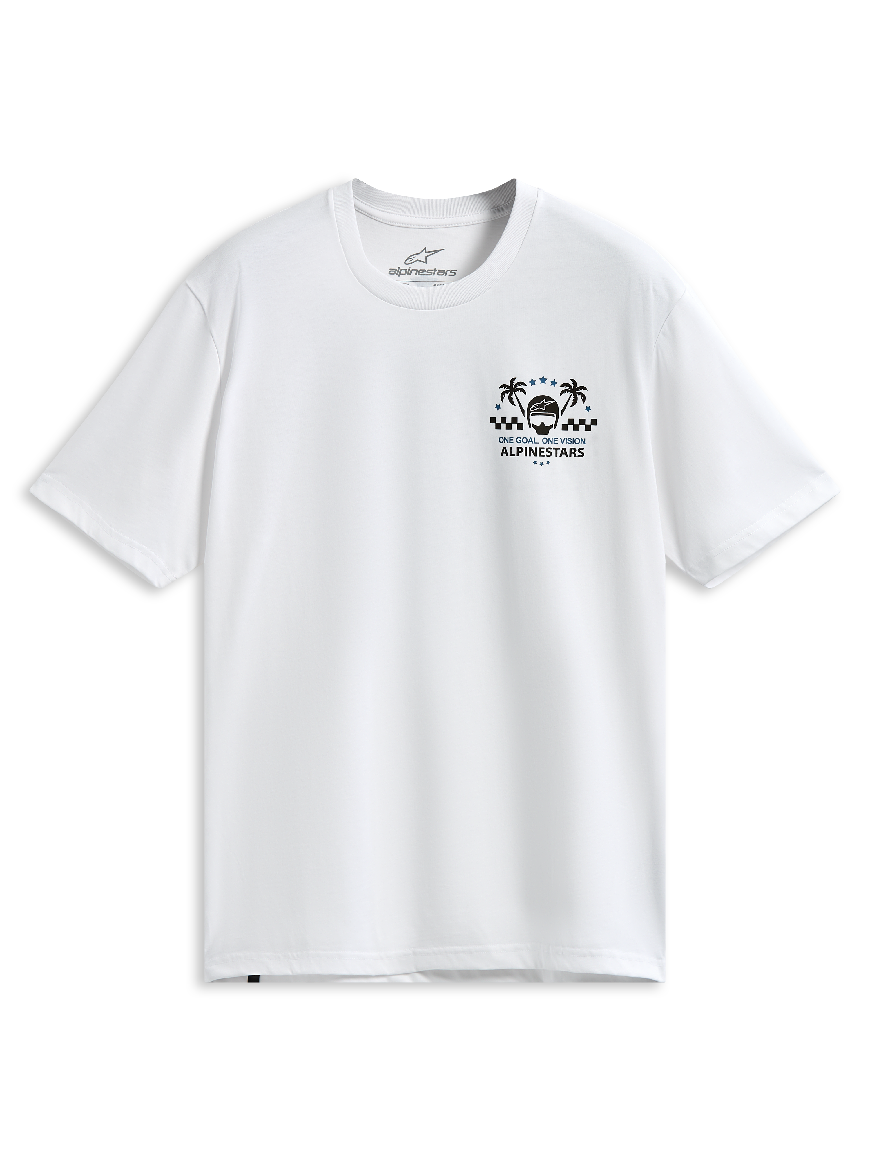 Alpinestars Order CSF Tee, wit T-shirt met korte mouwen, borstprint met palmbomen en een racehelm, tekst "One Goal One Vision", casual motorsport sportkleding