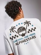 Alpinestars Order CSF Tee, T-shirt met korte mouwen, wit, achteraanzicht met grafische print van een helm, palmbomen en 'ONE GOAL. ONE VISION.' tekst, casual motorsport streetwear