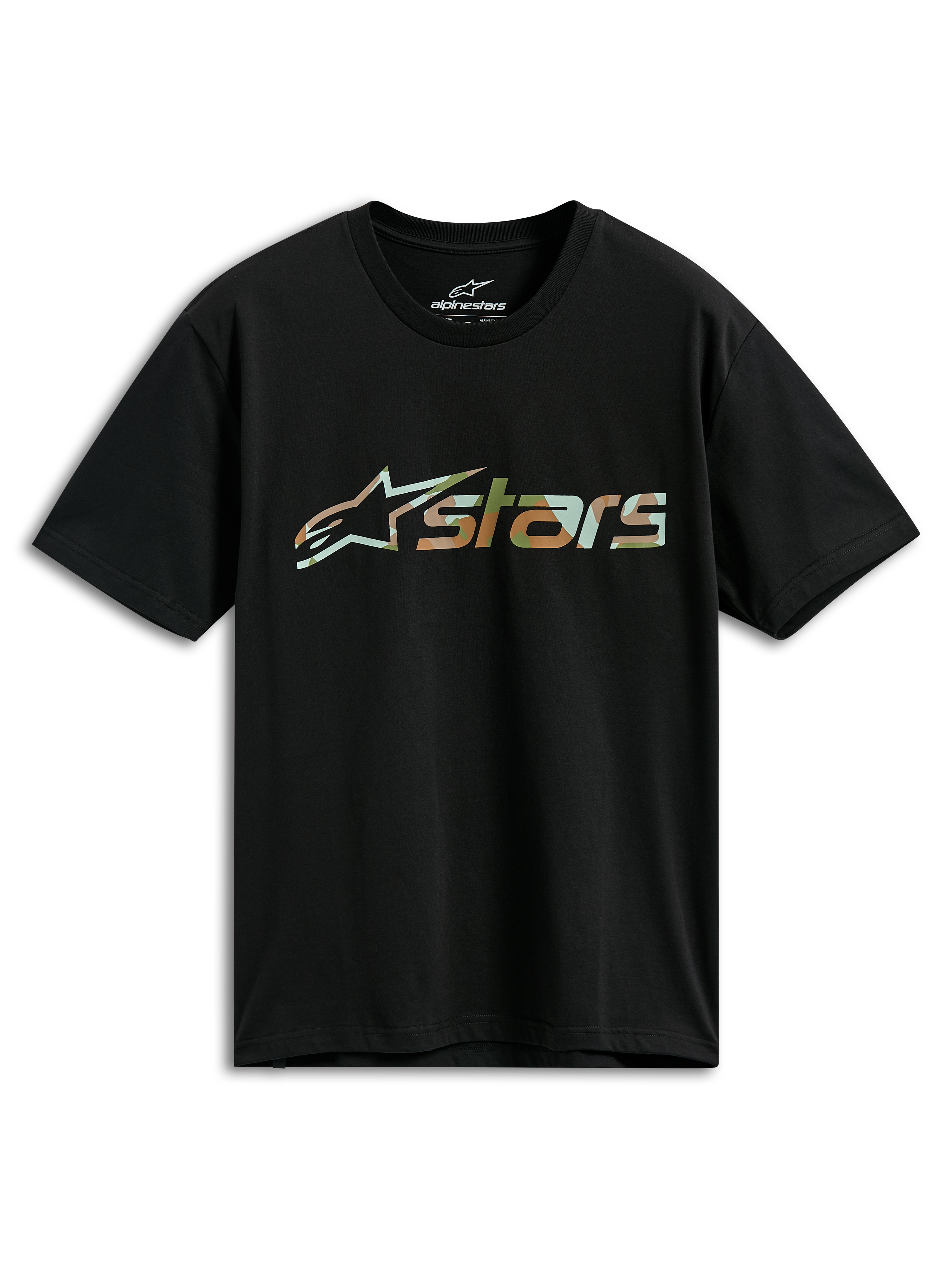 T-shirt Alpinestars Verdure Camo CSF, t-shirt à manches courtes, noir, logo Astars avec remplissage camouflage, streetwear décontracté de sport automobile