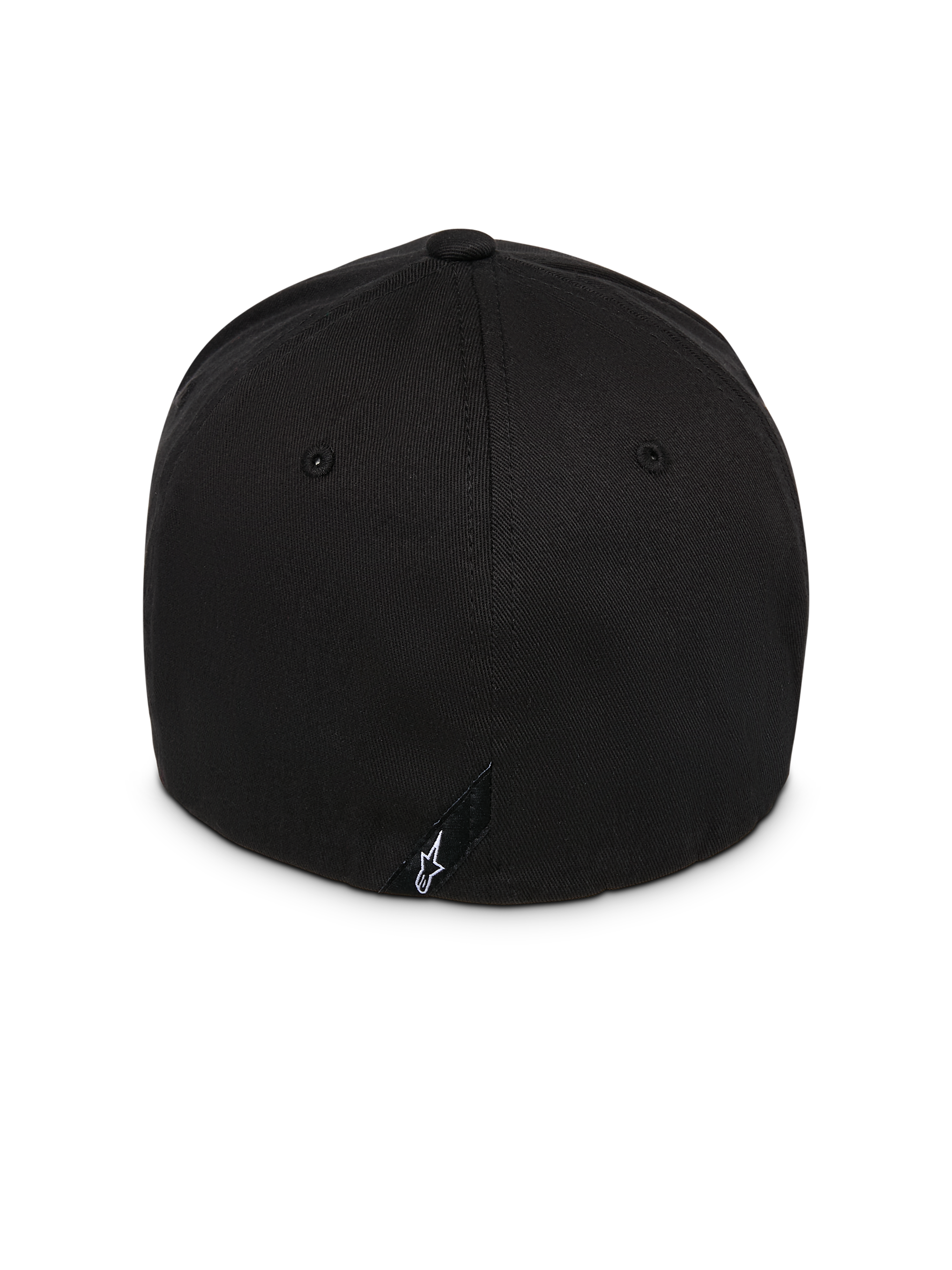 Alpinestars Instinct pet, zwart, achteraanzicht met gestructureerde kroon en flex-back ontwerp, voorzien van een klein zwart label met wit Astars-logo, duurzame twill stof, casual op motorsport geïnspireerde hoofdbedekking