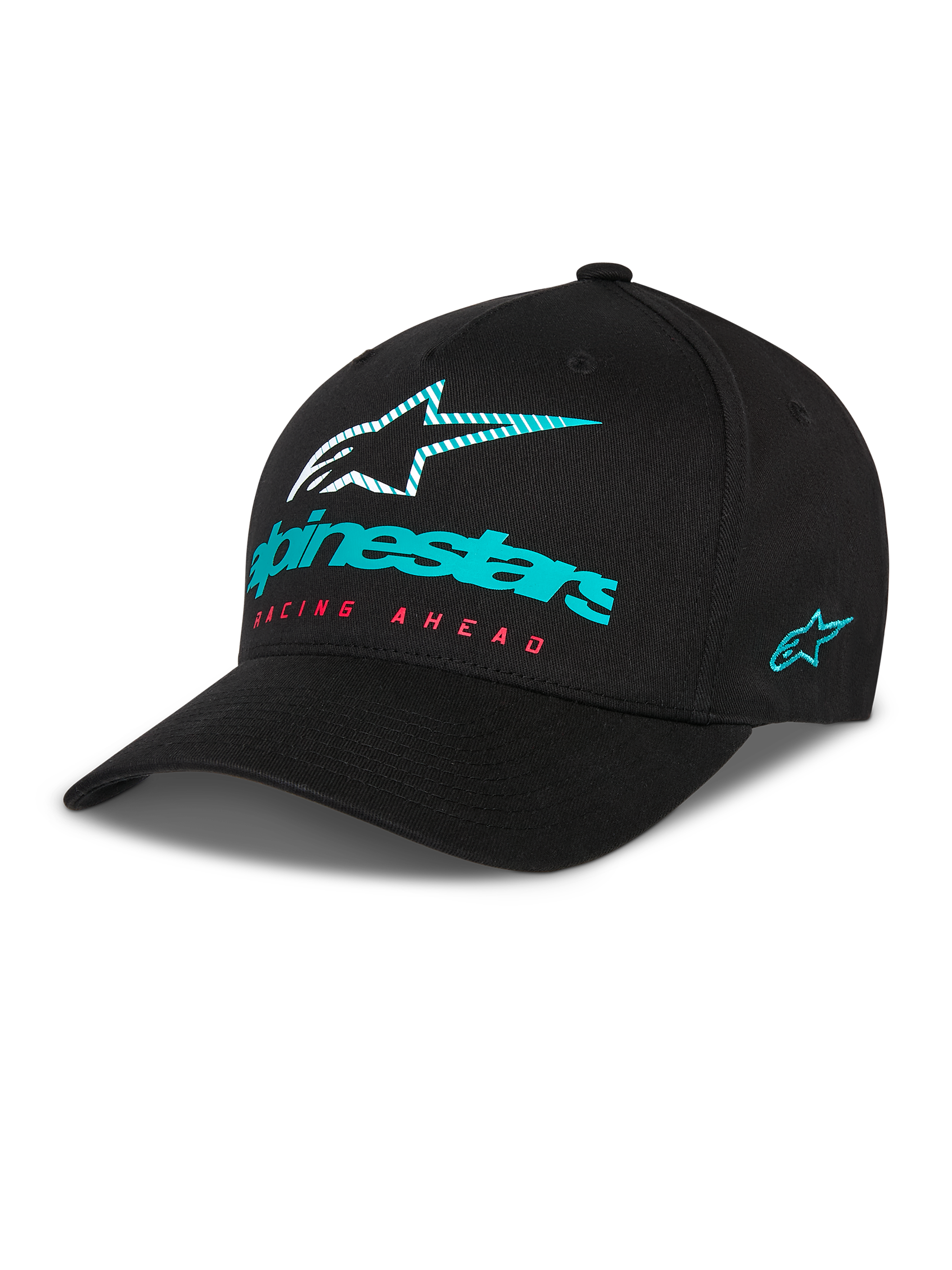Alpinestars Instinct Hat, Black Baseball Cap with Curved Bill, Teal Alpinestars Logo and Striped Star on Front, Red 'Racing Ahead' Text, Teal Side Logo Embroidery, Casual Motorsport Headwear