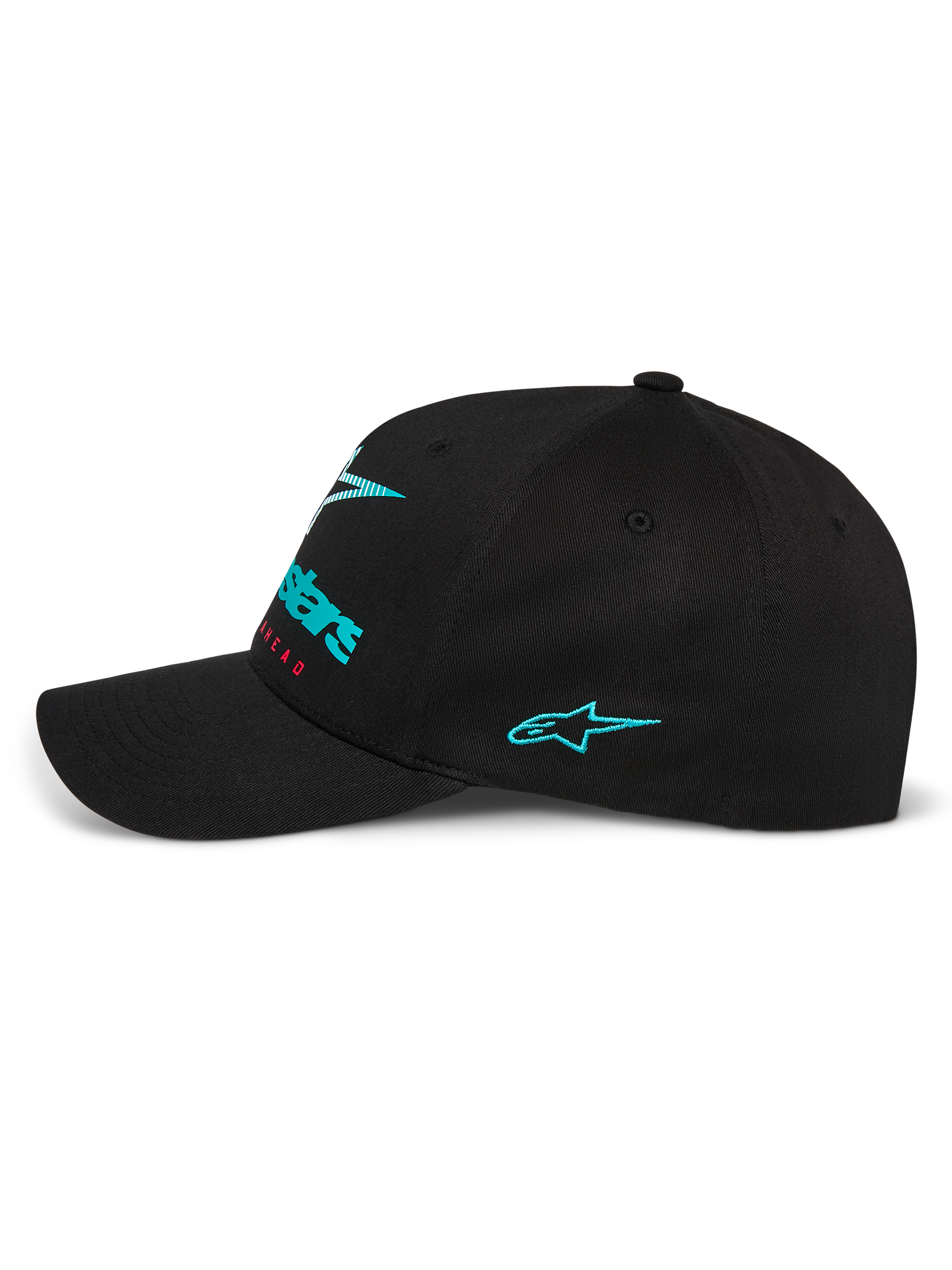 Alpinestars Instinct pet, zwarte baseballcap, zijprofiel met teal geborduurd Astars-logo op de zijkant en branding met kleurverloop aan de voorkant, gebogen klep, gestructureerde kroon, casual motorsport streetwear