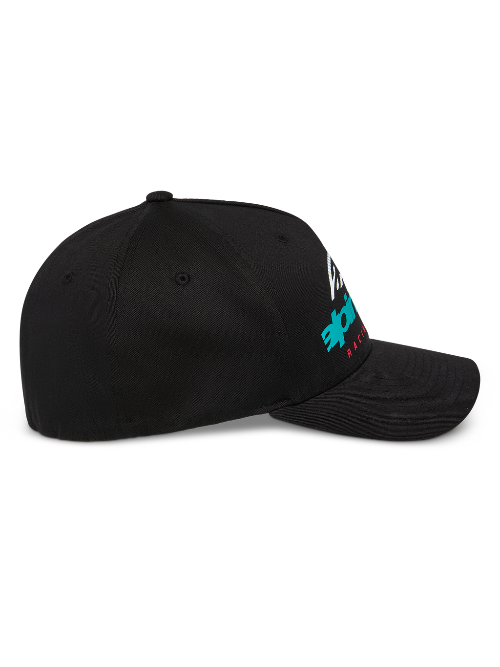 Alpinestars Instinct Pet, gestructureerde baseballcap, zwart, zijprofiel met gebogen klep en Astars-logo met kleurverloop, casual motorsport streetwear